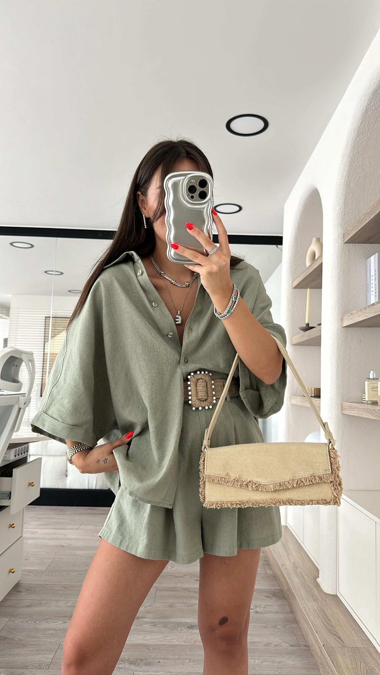 Mint Yeşili Hasır Kemerli Keten Şort Takım