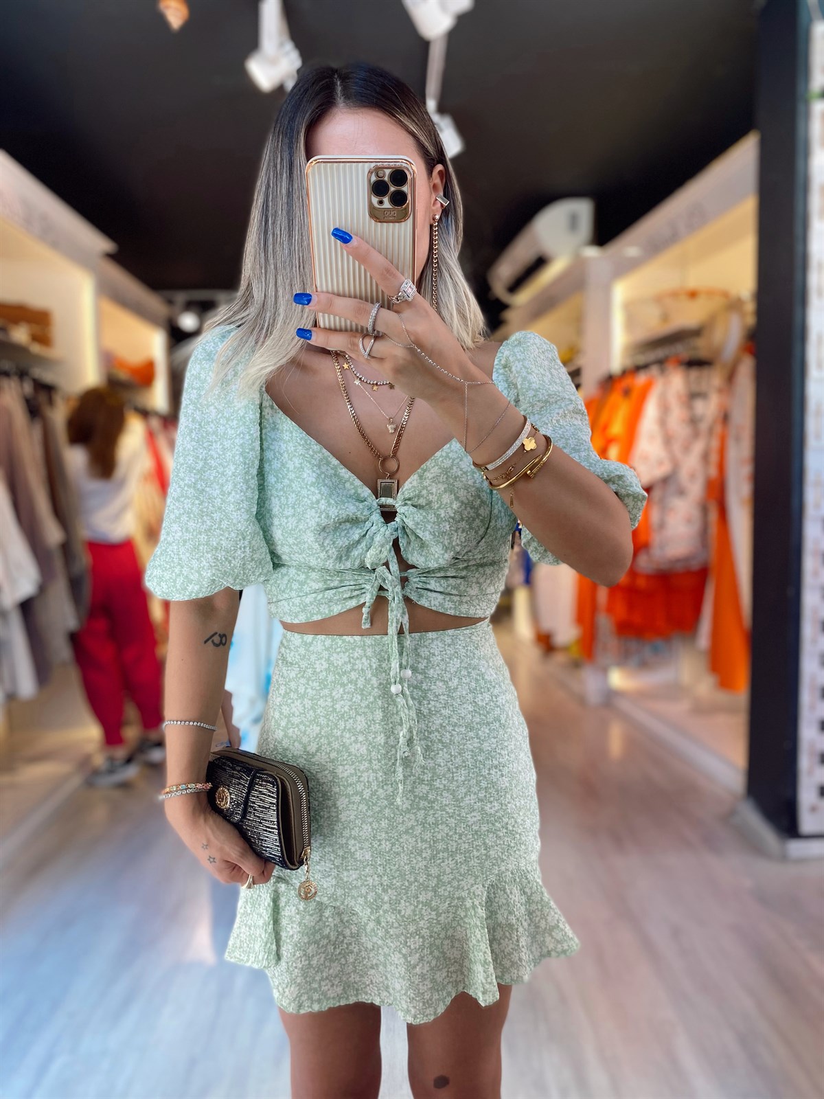 Mint Yeşili Ön Bağlama Detaylı Balon Kol Bluz