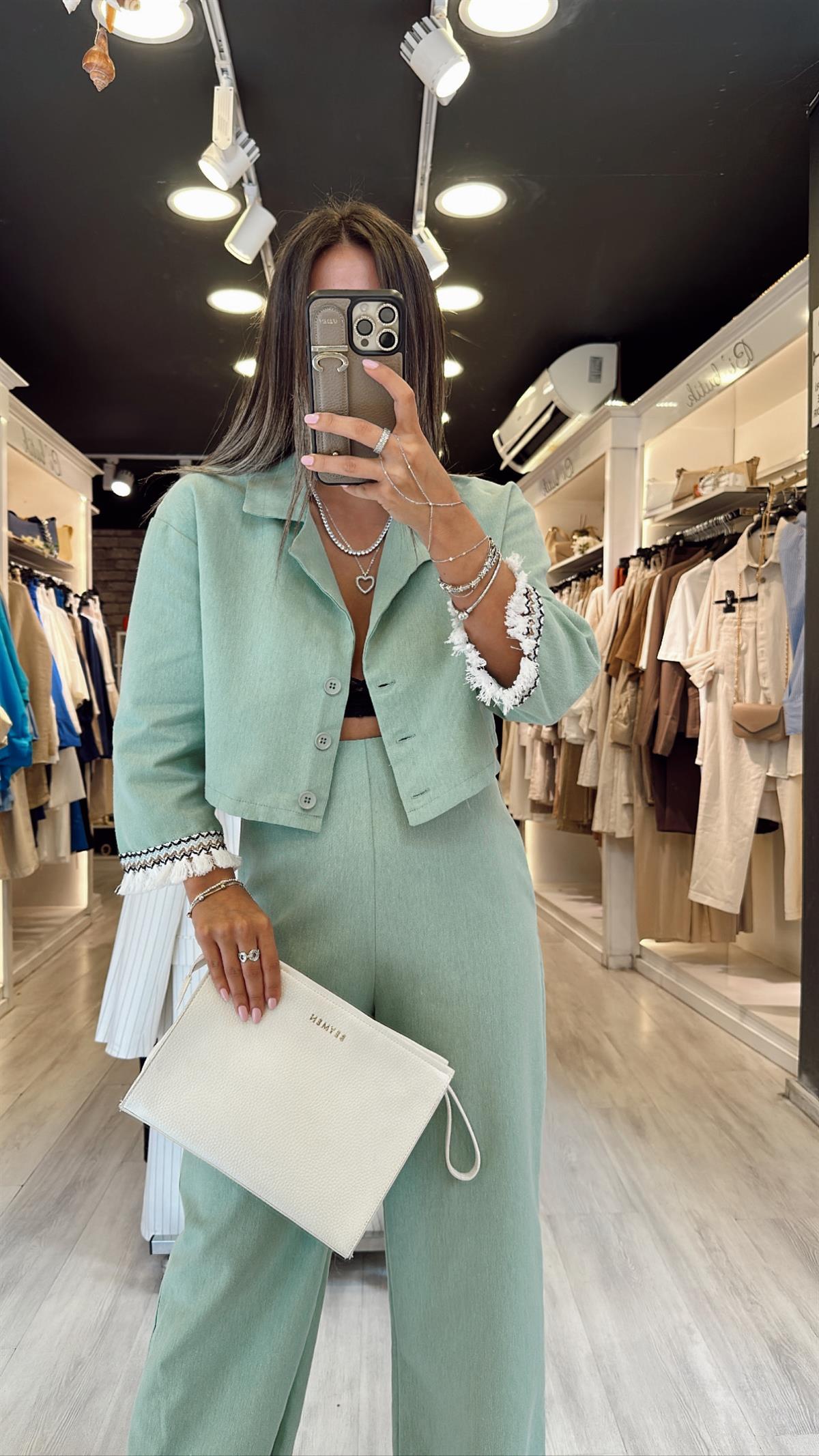 Mint Yeşili Püsküllü Crop Gömlek Takım 