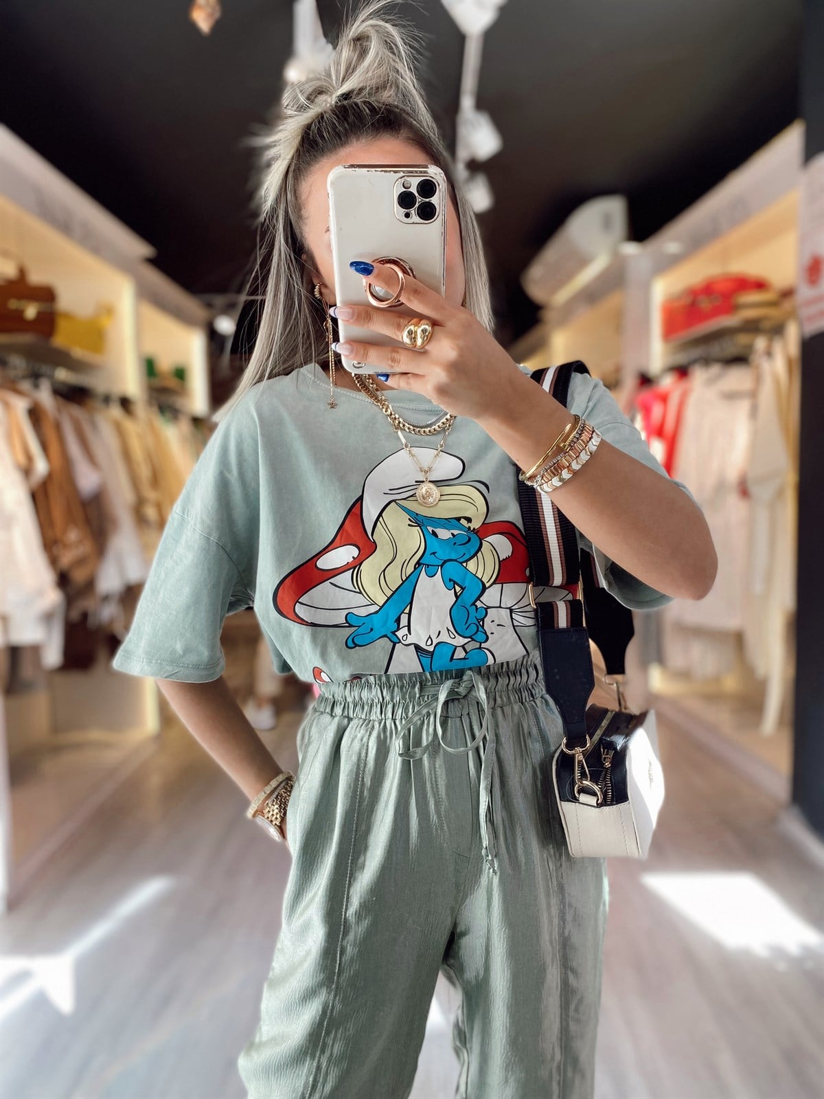 Mint Yeşili Şirine Baskılı Eskitme Tshirt