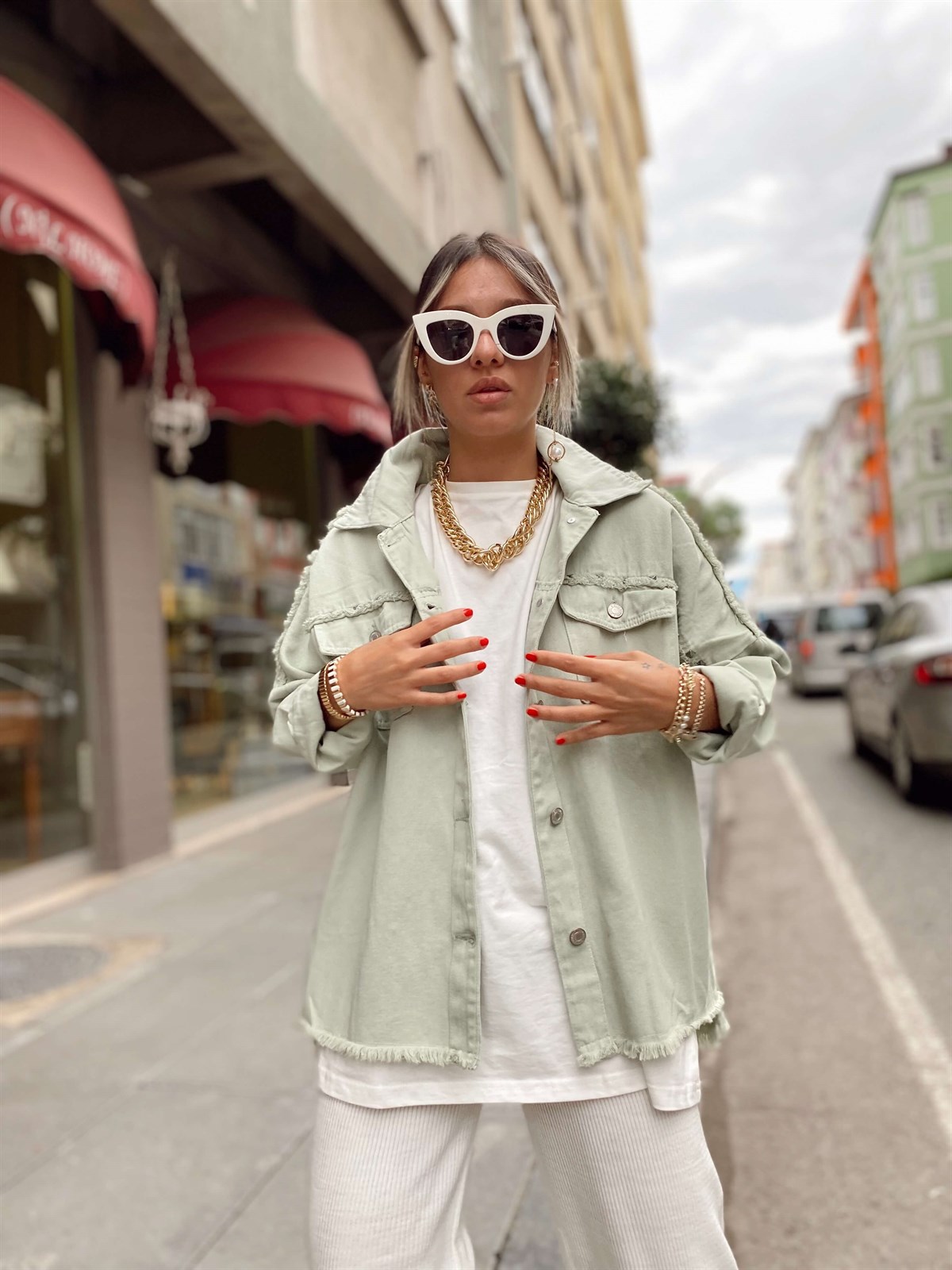 Mint Zımbalı Çift Cepli Ceket