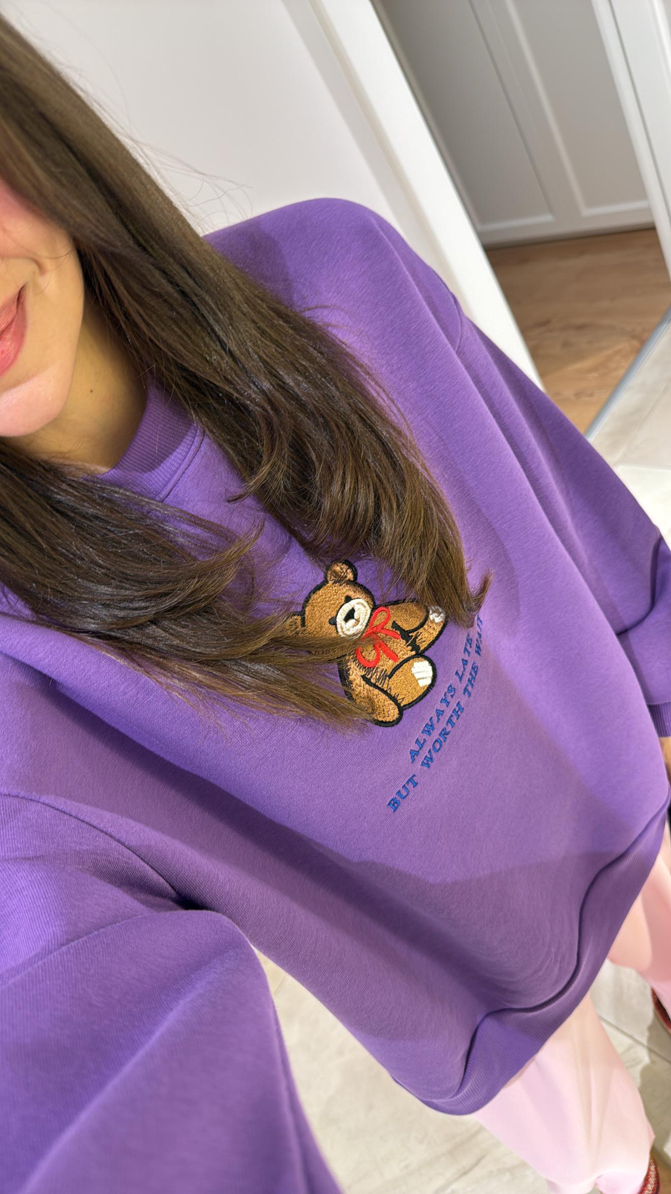 Mor Ayıcık Baskılı Yazılı Sweat 