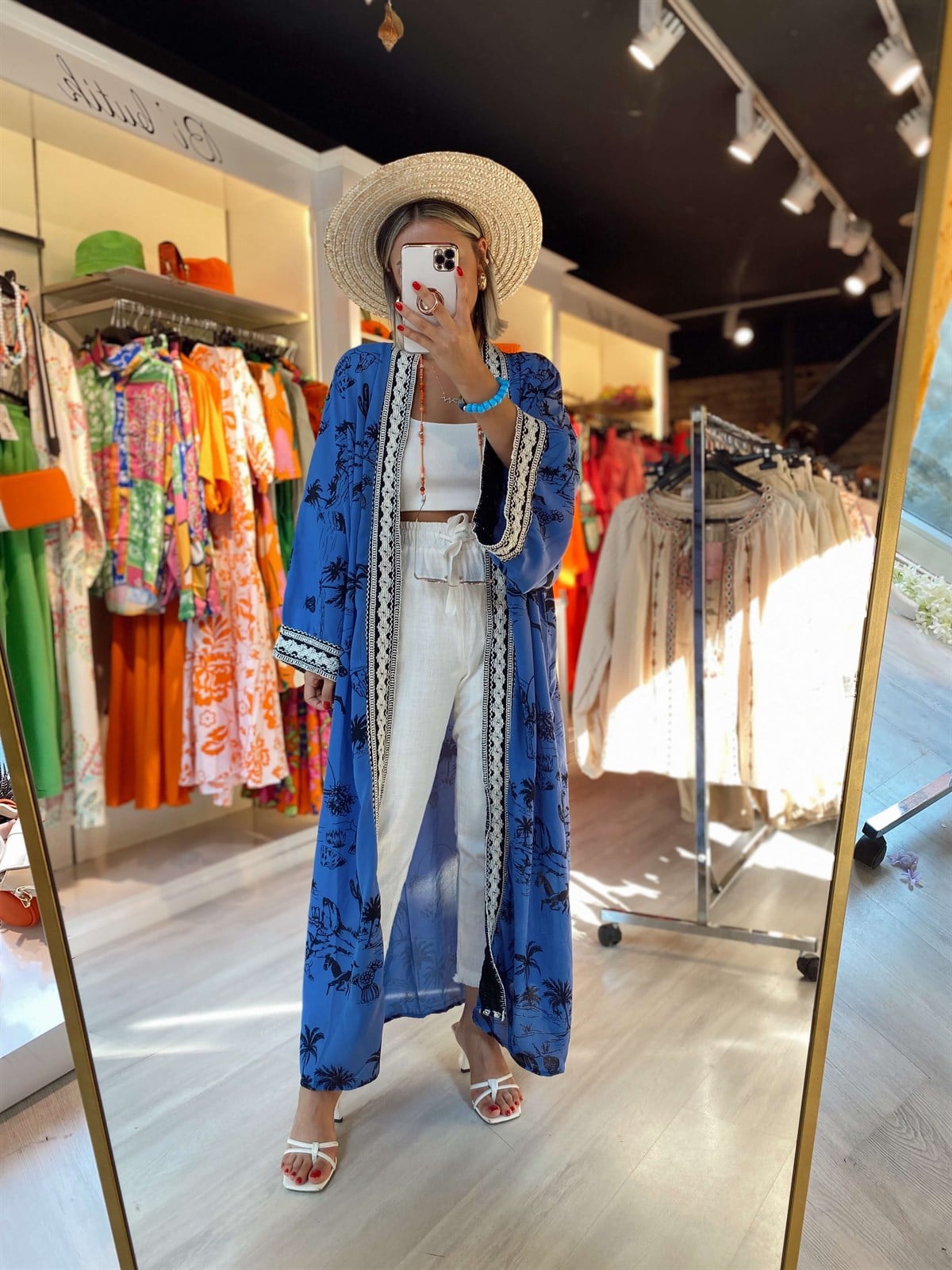 Mor İşlemeli Baskılı Kimono 