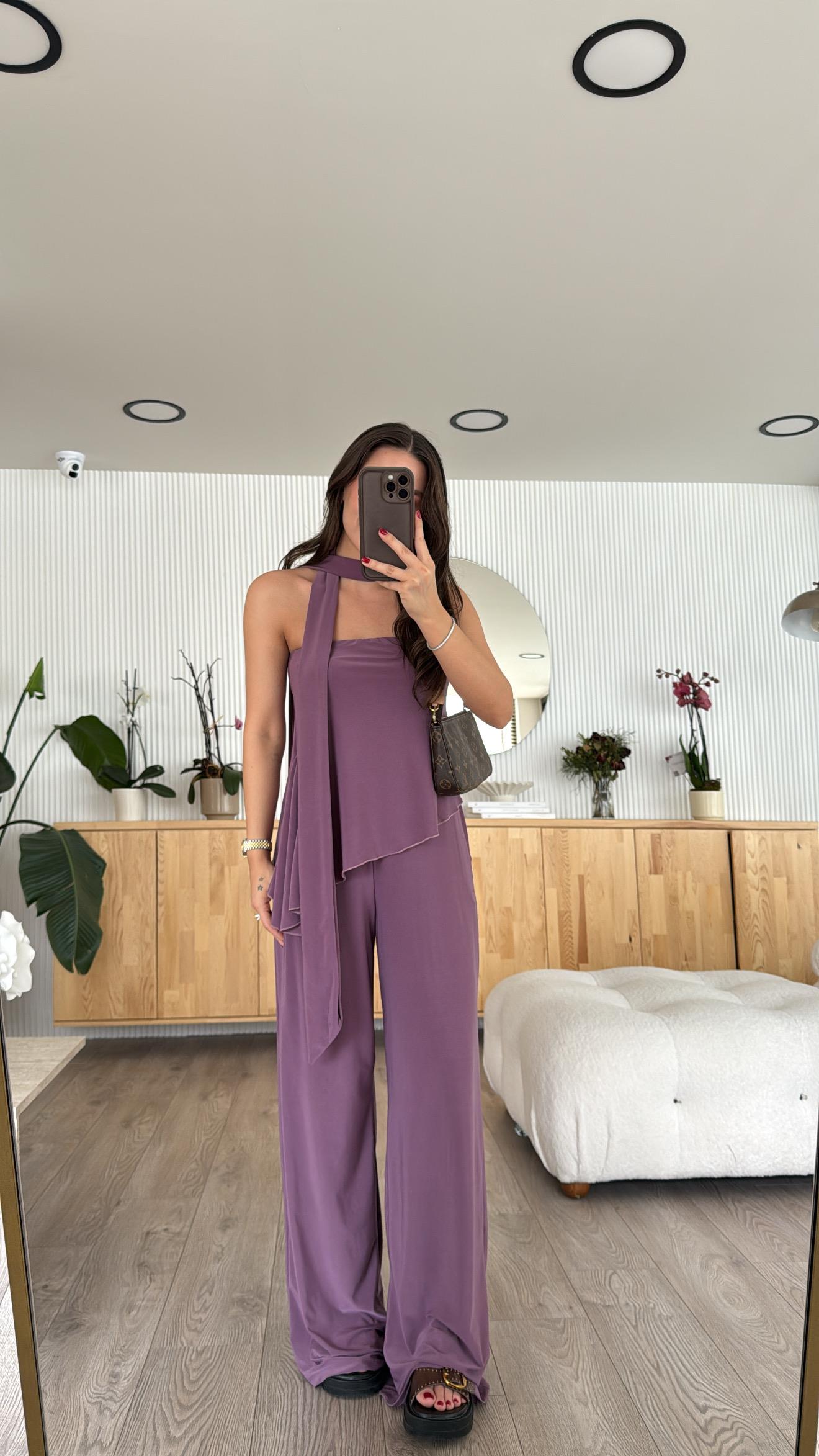 Mürdüm Asimetrik Kesim Fularlı Bluz Takım