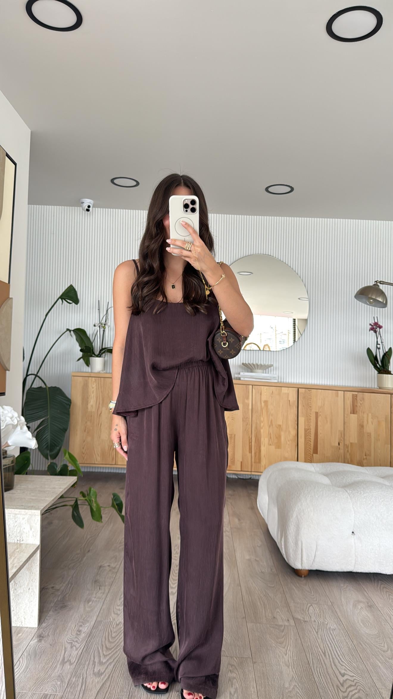 Mürdüm Askılı Bluz Pantolon Takım 