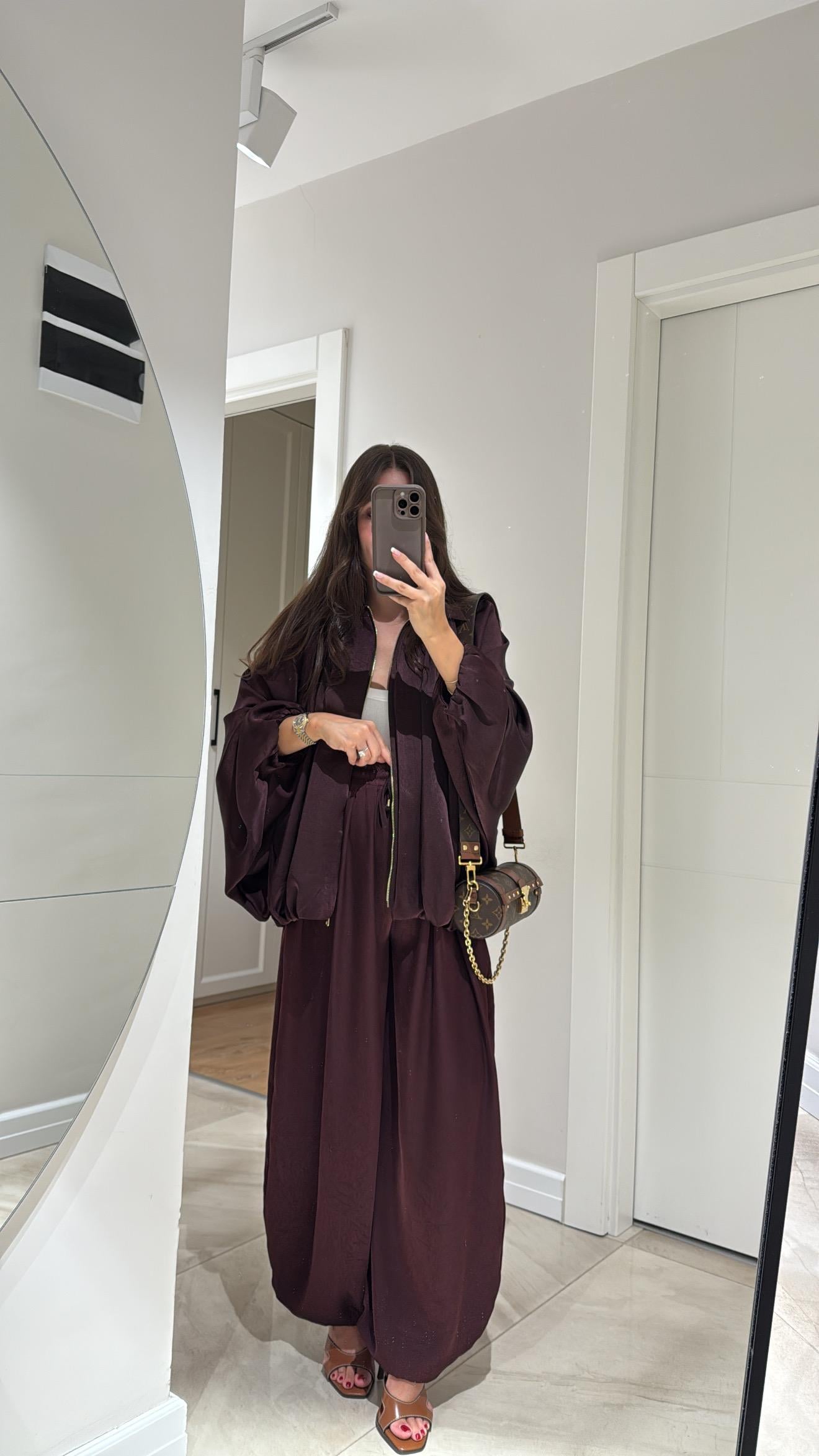 Mürdüm Bel Bağcıklı Saten Şalvar Pantolon