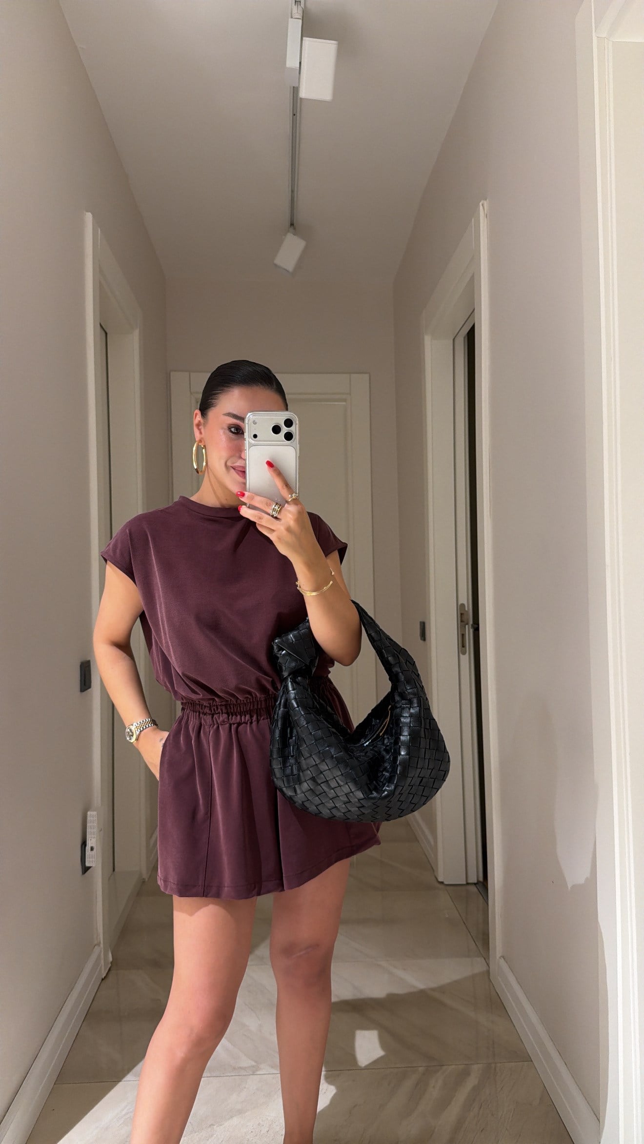 Mürdüm Beli Lastikli Şort Tulum
