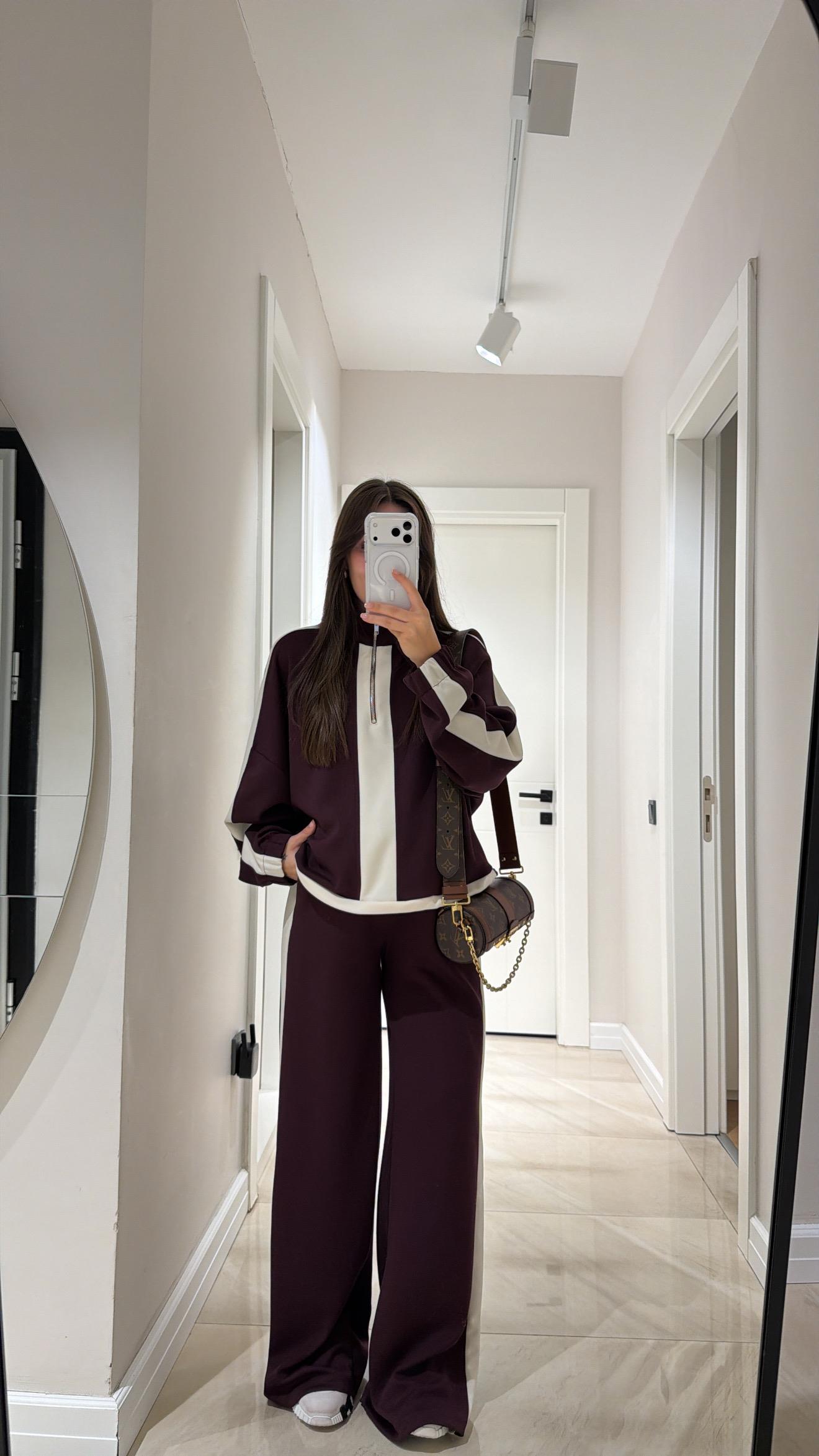 Mürdüm Beyaz Şeritli Yaka Fermuarlı Modal Takım