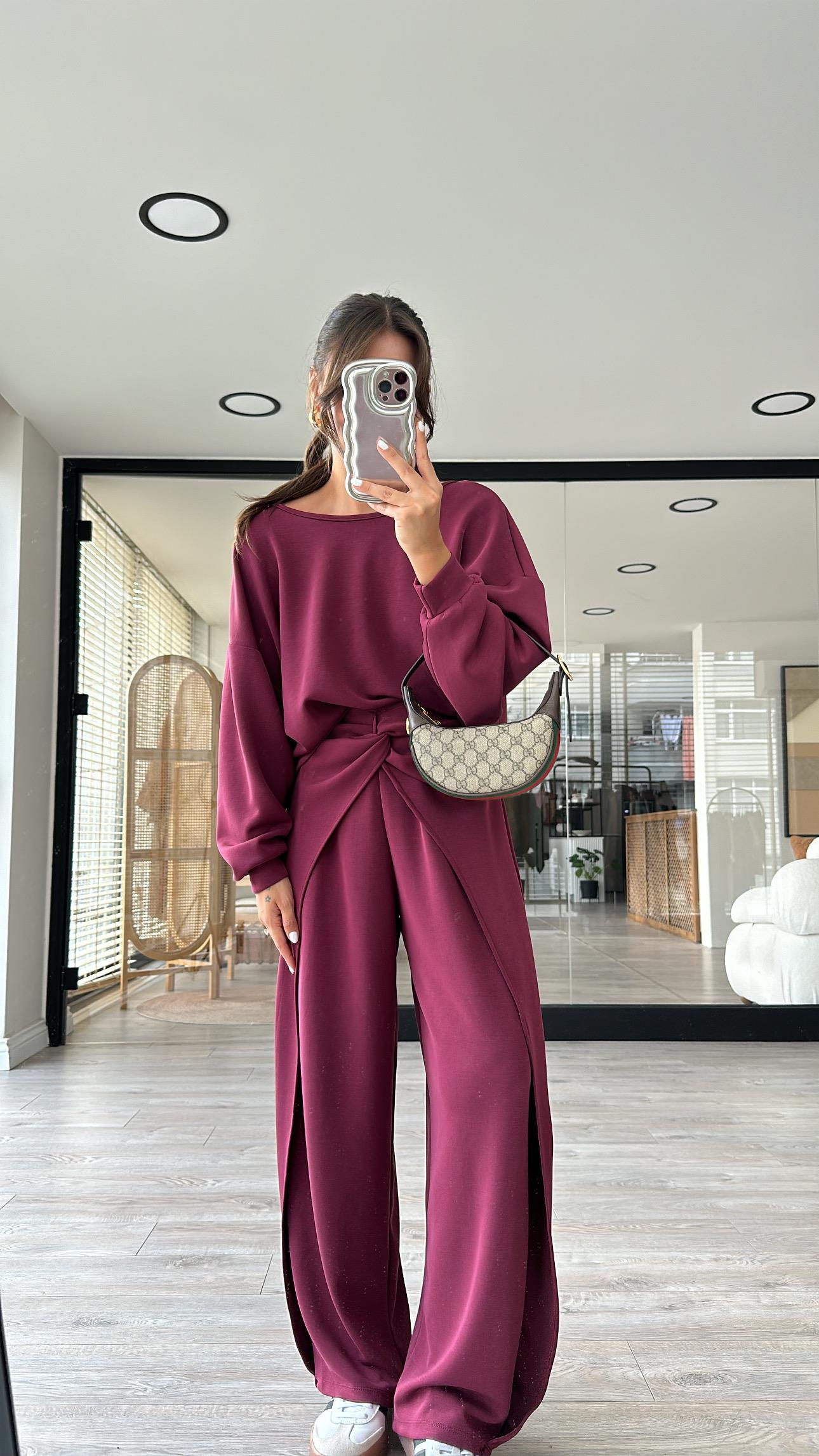 Bordo Ön Düğüm Detaylı Modal Pantolon