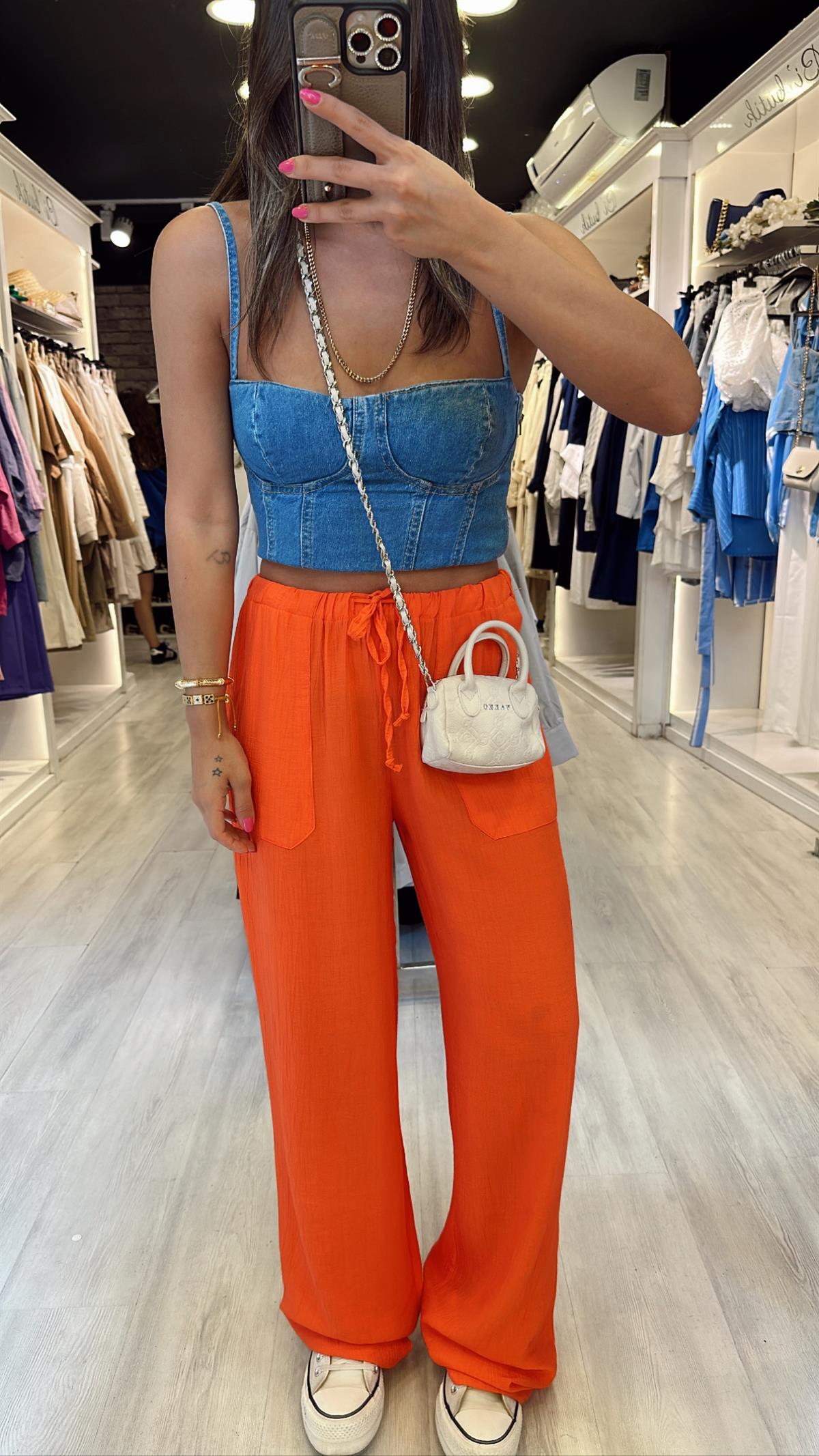 Nar Çiçeği Beli Lastikli Bol Paça Krinkıl Pantolon