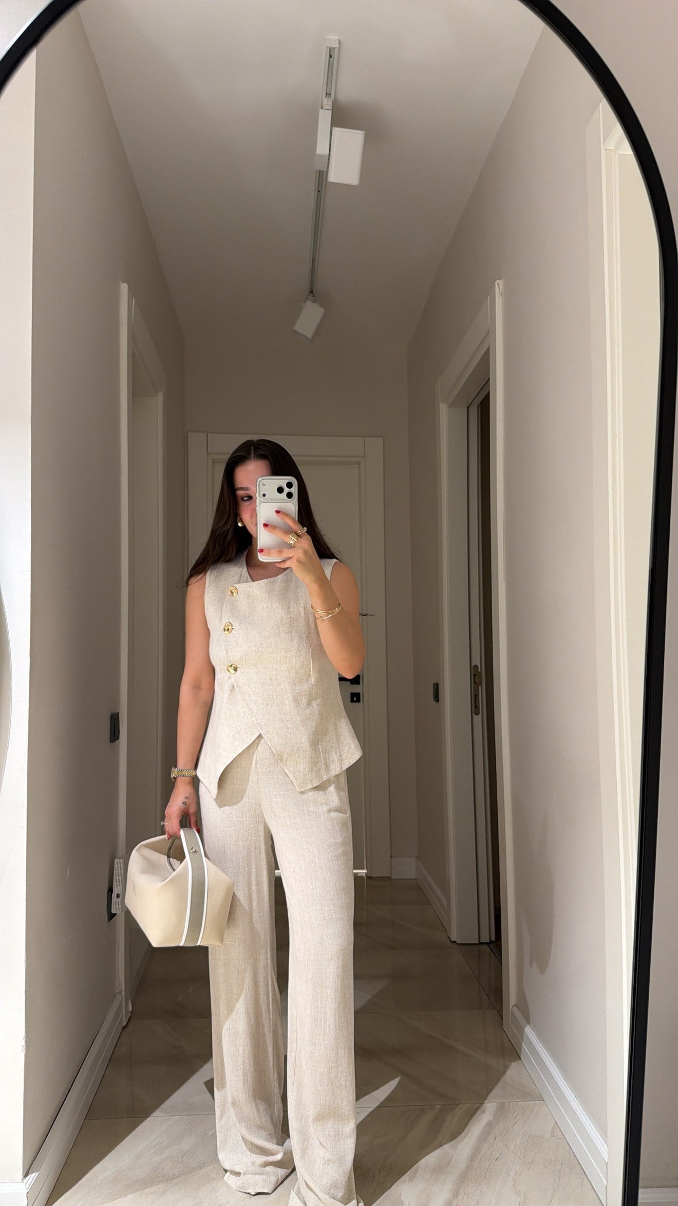 Naturel Gold Düğmeli Asimetrik Yelek Pantolon Takım