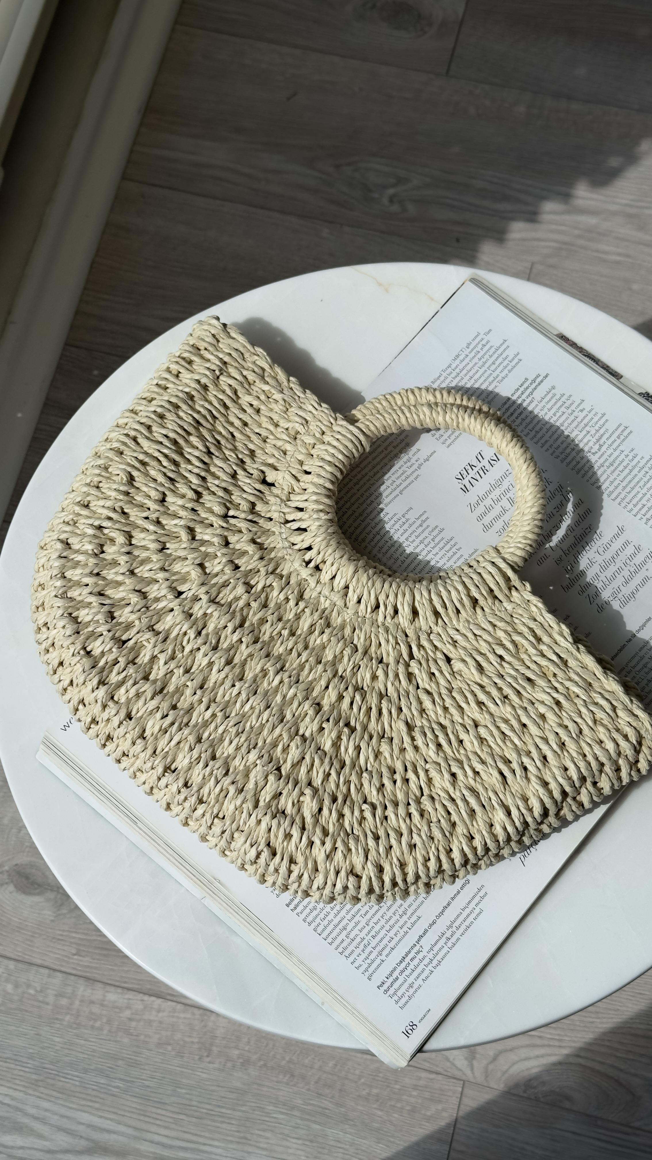 Naturel Hasır Çift Saplı Büyük Boy Bucket Çanta