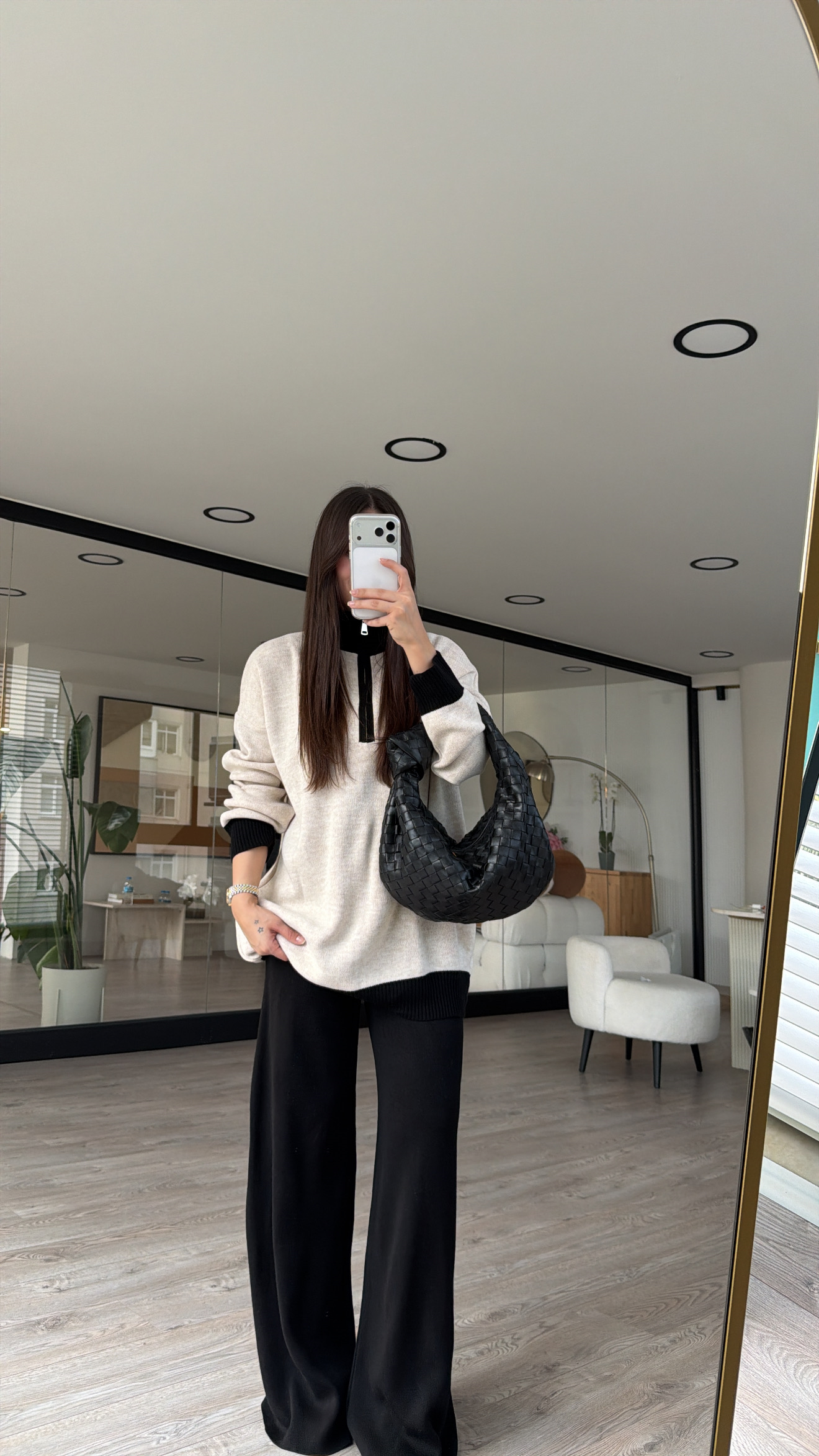 Naturel Siyah Ön Fermuarlı Triko Pantolon Takım