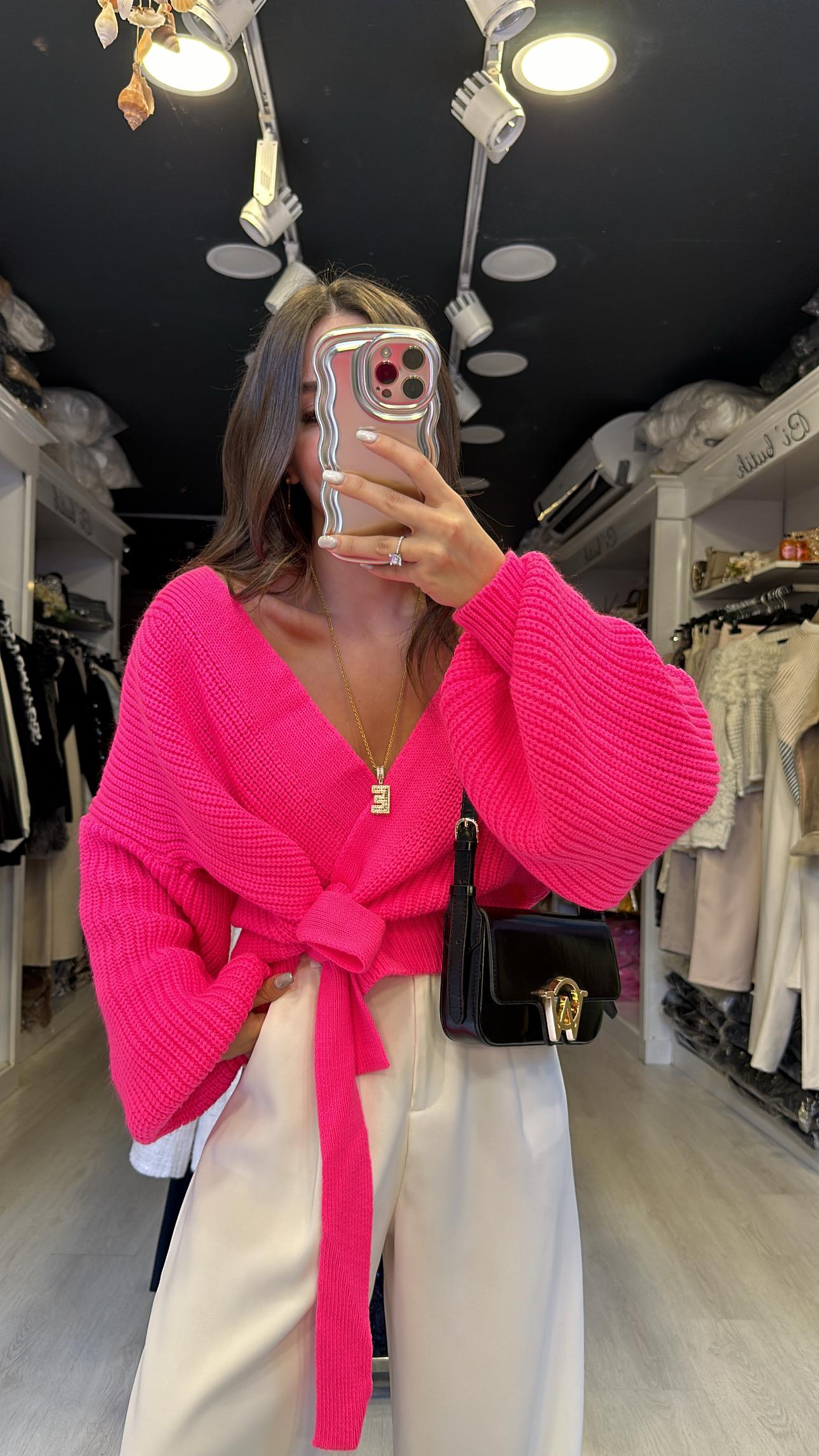 Neon Pembe Bağlama Detaylı Hırka 