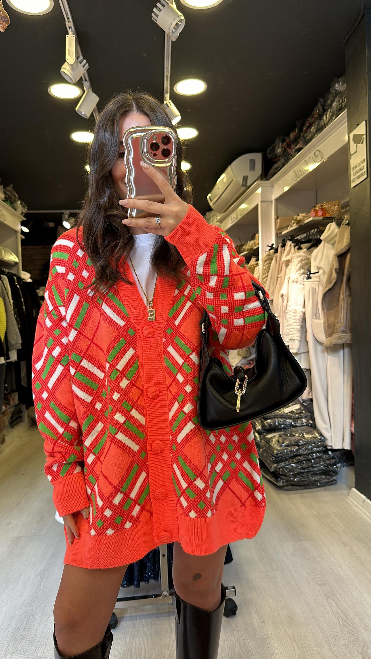 Neon Turucu Geometrik Düğmeli Hırka