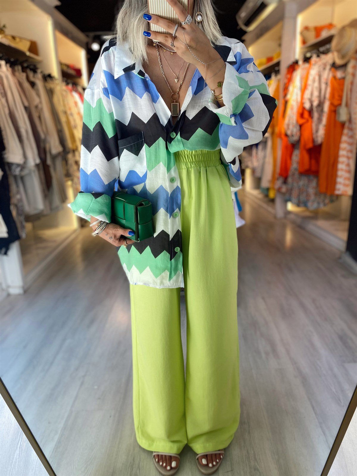Neon Yeşil Beli Lastikli Bol Paça Pantolon