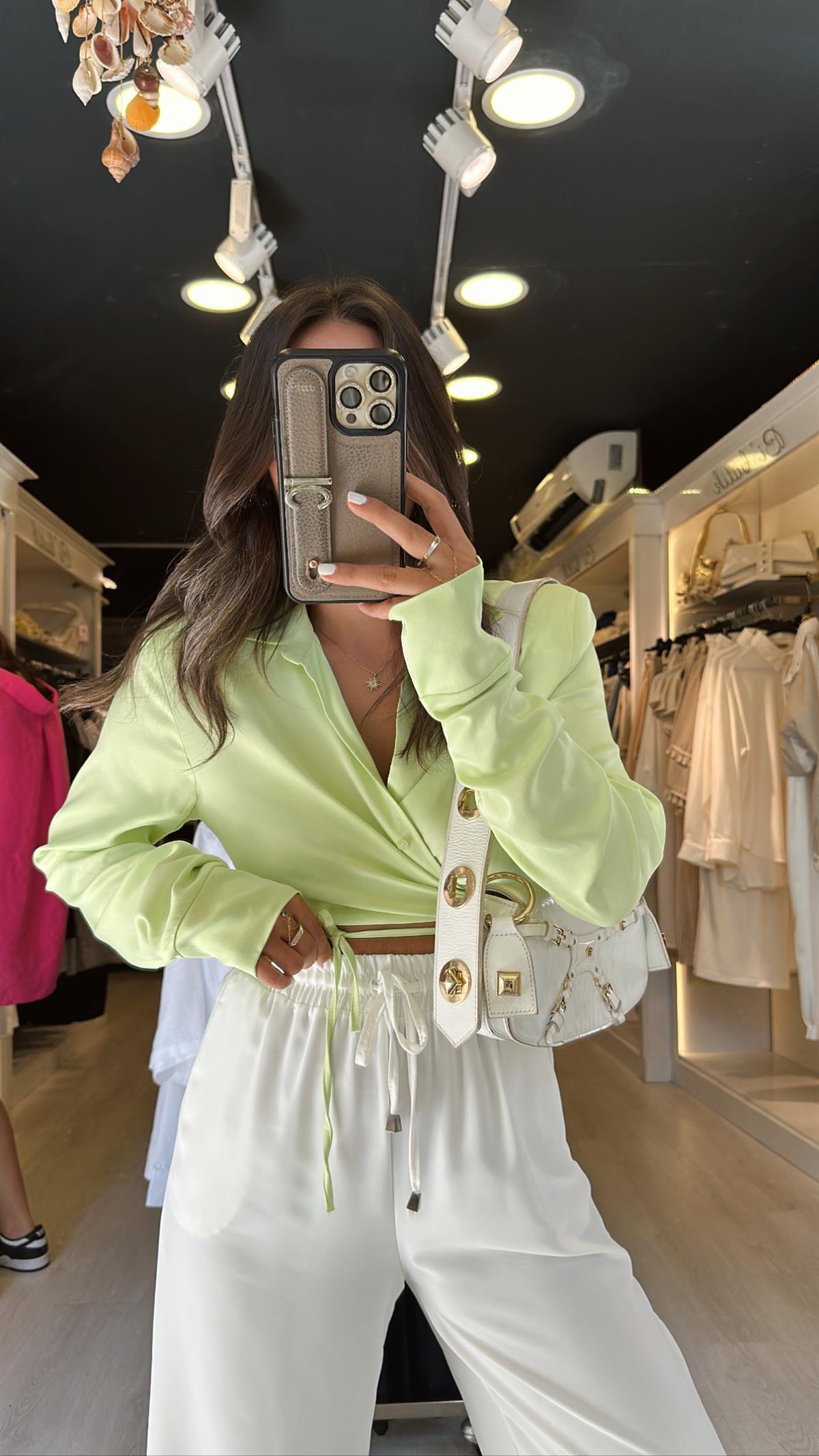 Neon Yeşil Vatkalı Bel Bağlamalı Crop Gömlek 