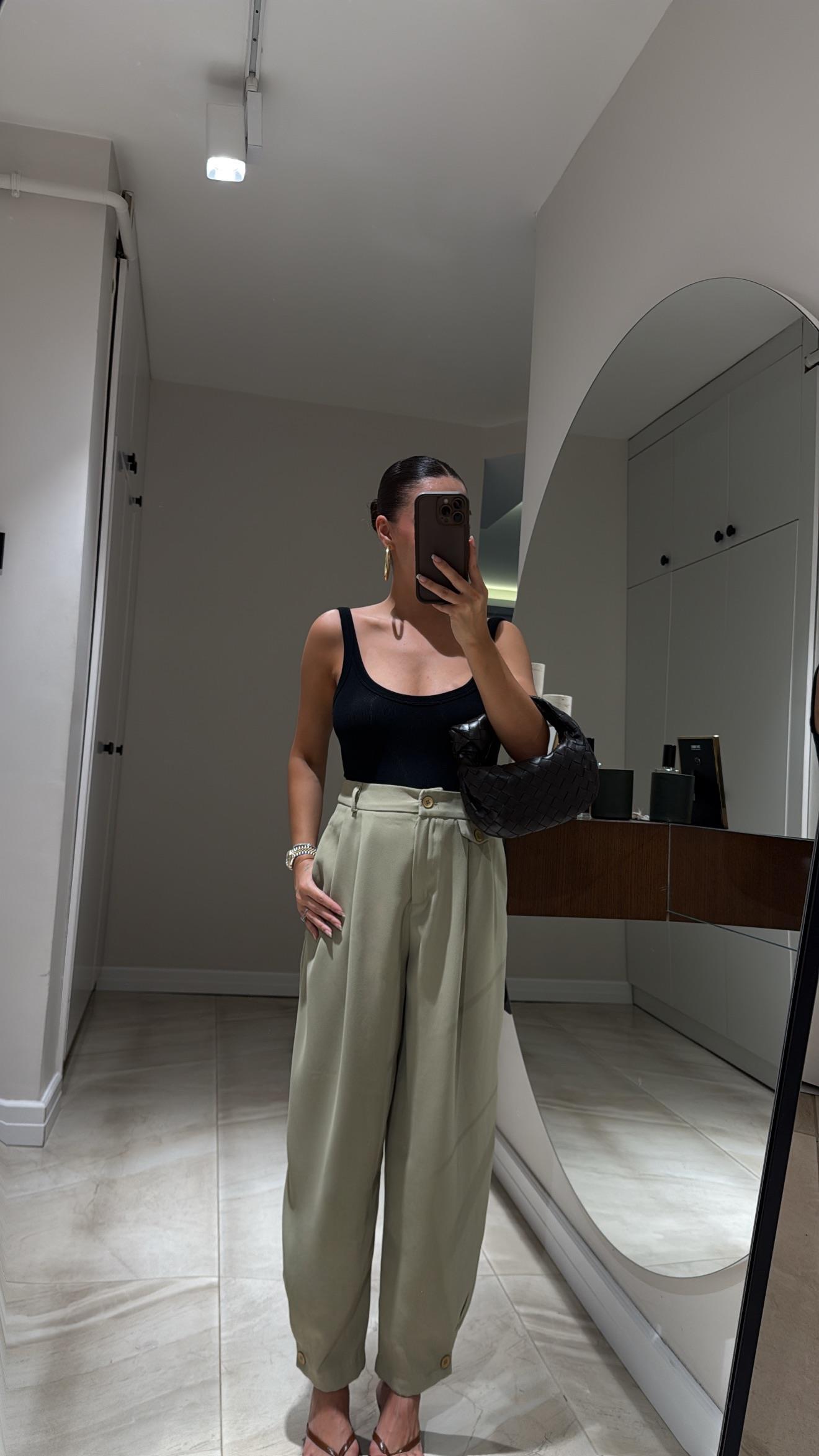 Olive Renk Paça Düğmeli Şalvar Pantolon