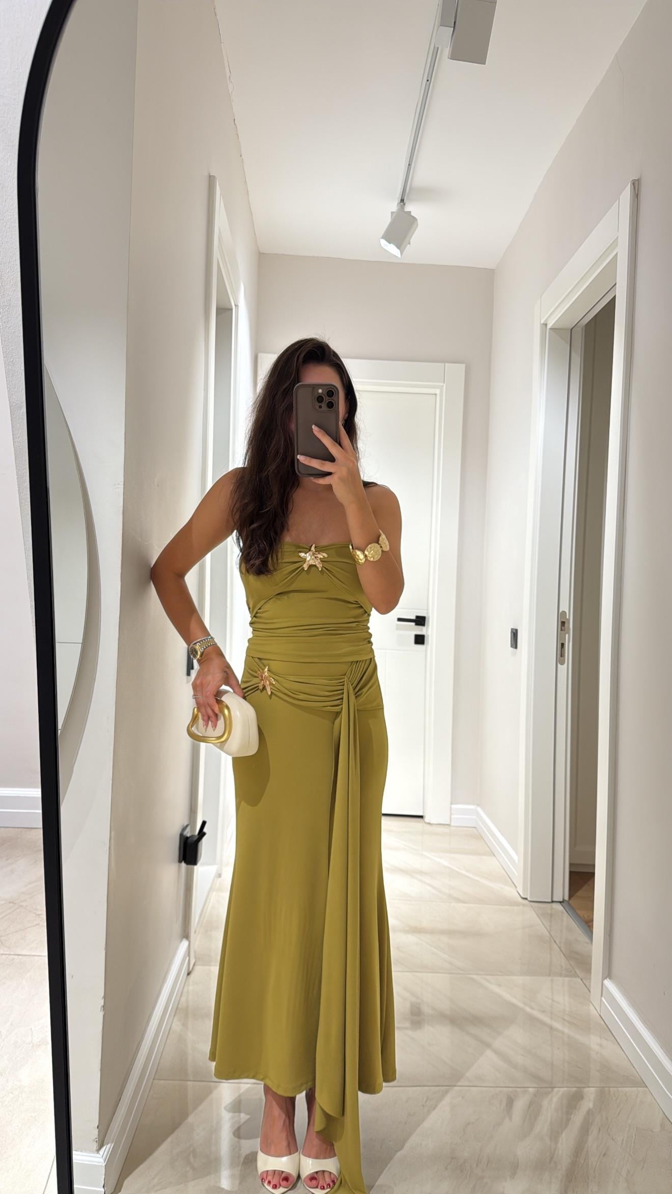 Olive Yeşili Straplez Yıldız Detaylı Etek Takım 