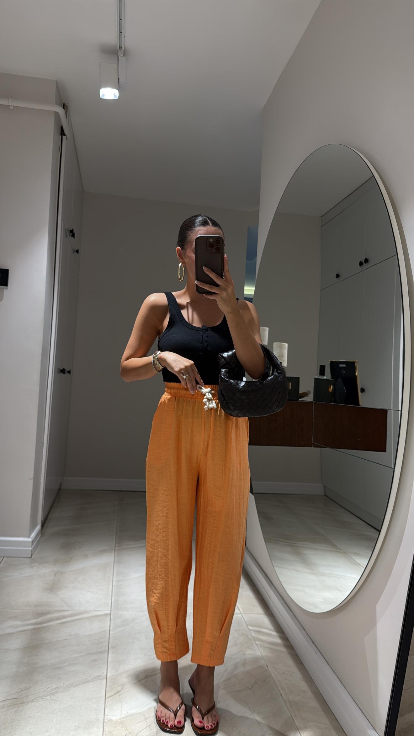 Orange Paça Pileli Beli Bağcıklı Pantolon