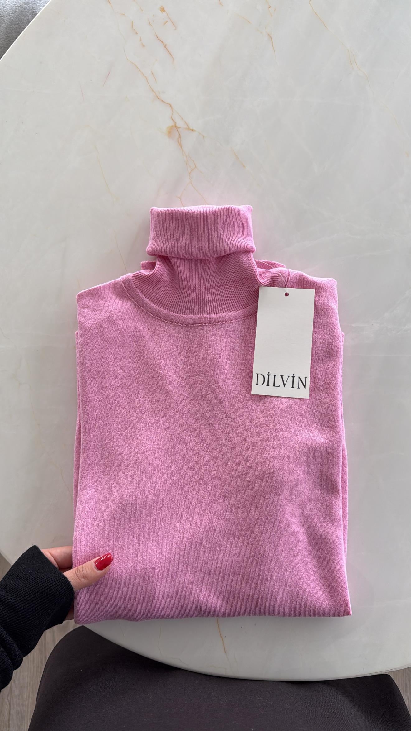 Pembe Balıkçı Yaka Kol Dügmeli Dilvin Kazak