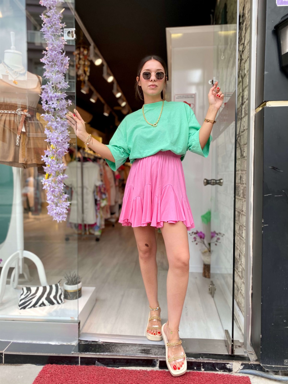 Pembe Beli Lastikli Fırfırlı Mini Etek