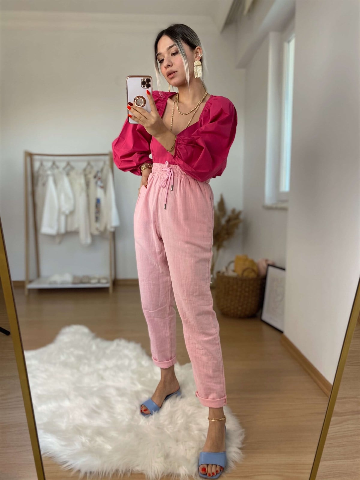 Pembe beli lastikli pantolon