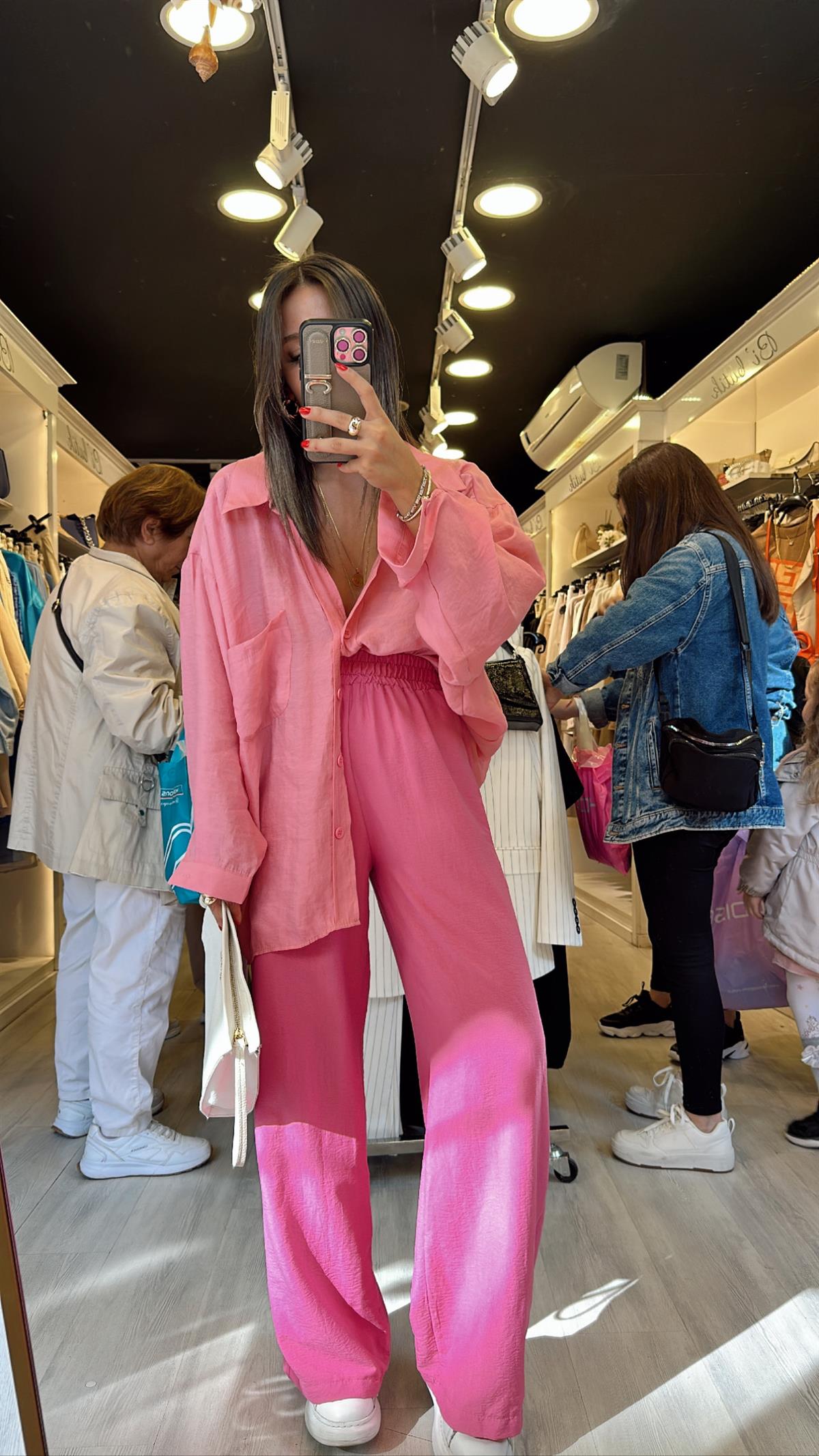 Pembe Beli Lastikli Tensel Bol Paça Pantolon