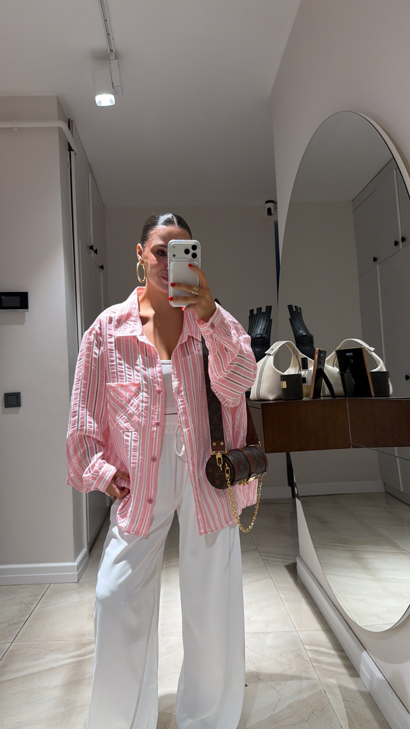 Pembe Beyaz Çizgili Transparan Oversize Gömlek