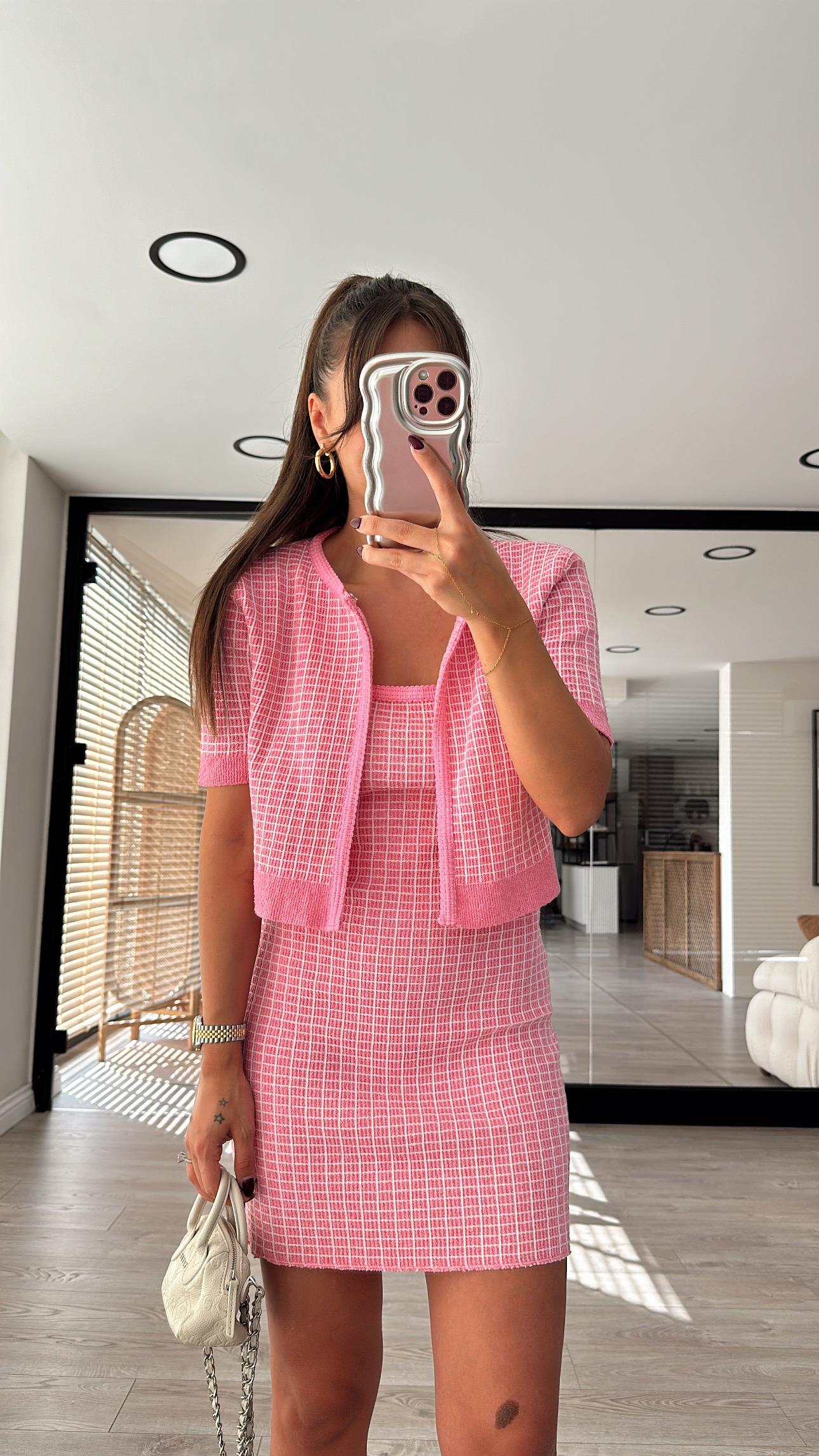 Pembe Beyaz Kareli  Triko Crop Hırka