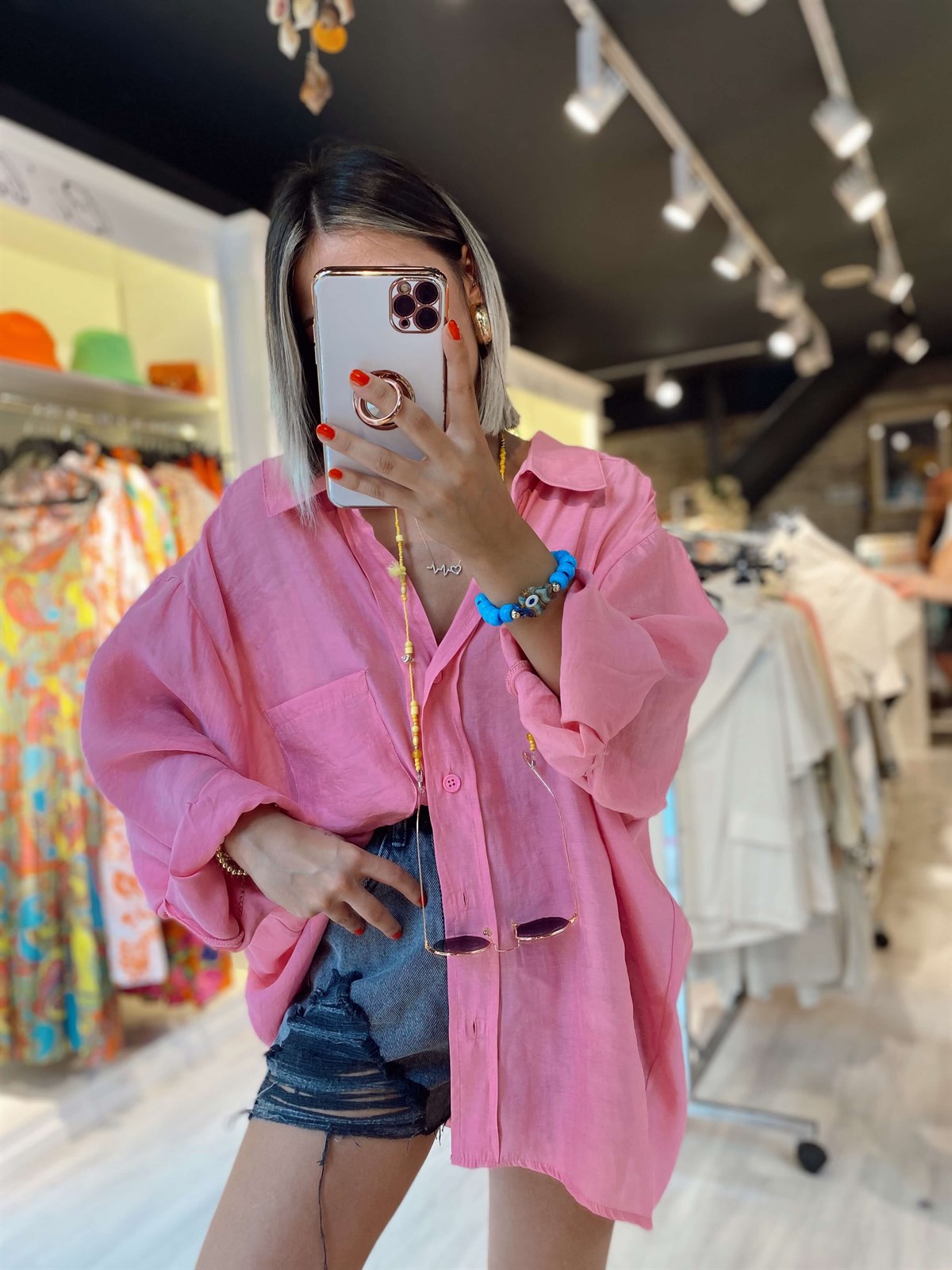 Pembe Cepli Düşük Omuz Oversize Gömlek