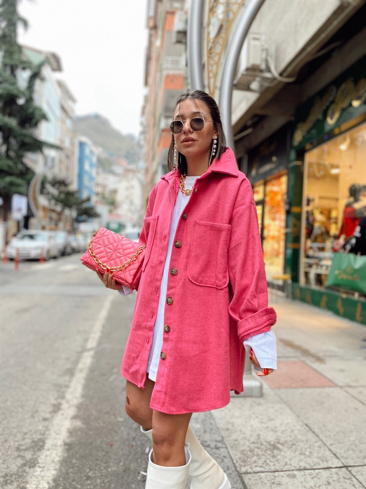 Pembe Çift Cepli Oversize Kaşe Ceket