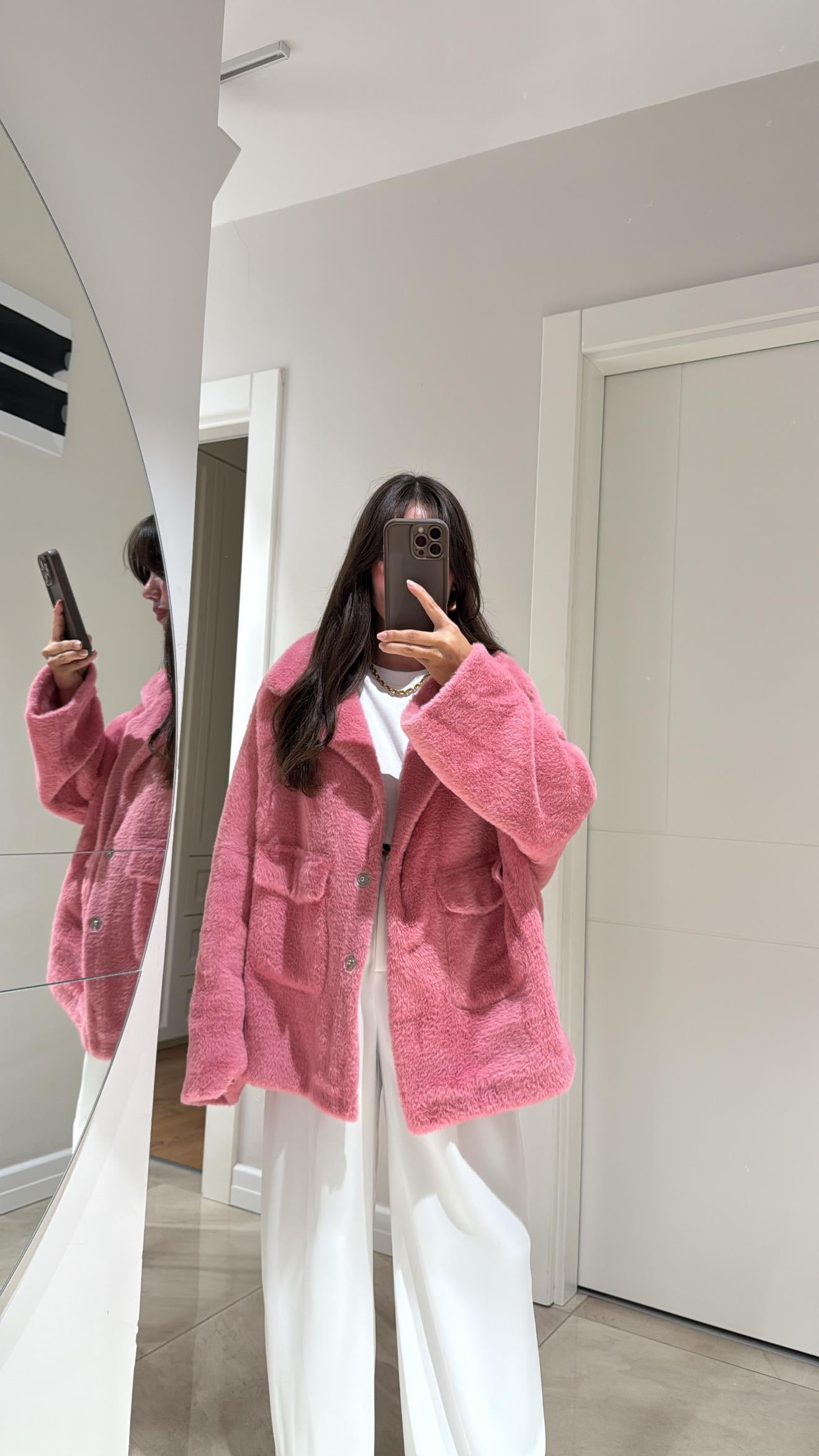 Pembe Çift Cepli Peluş Ceket 