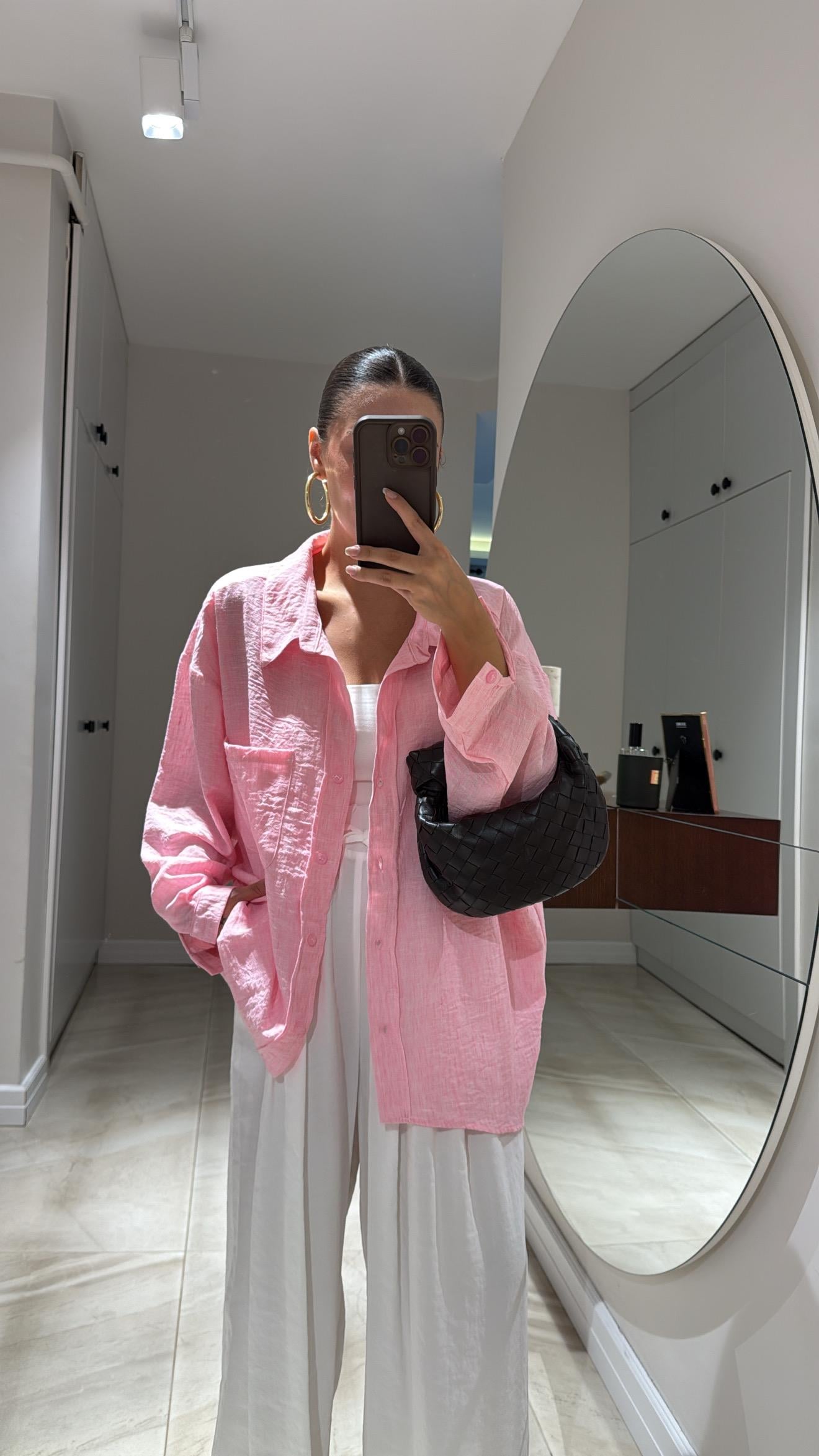 Pembe Düşük Omuzlu Keten Gömlek