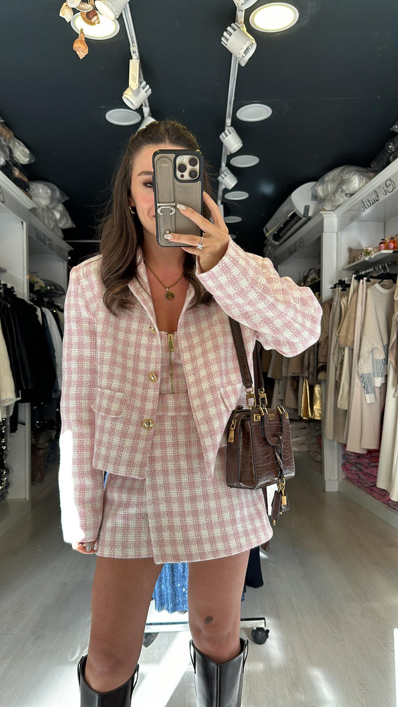 Pembe Ekru Ekoseli Gold Düğmeli Ceket