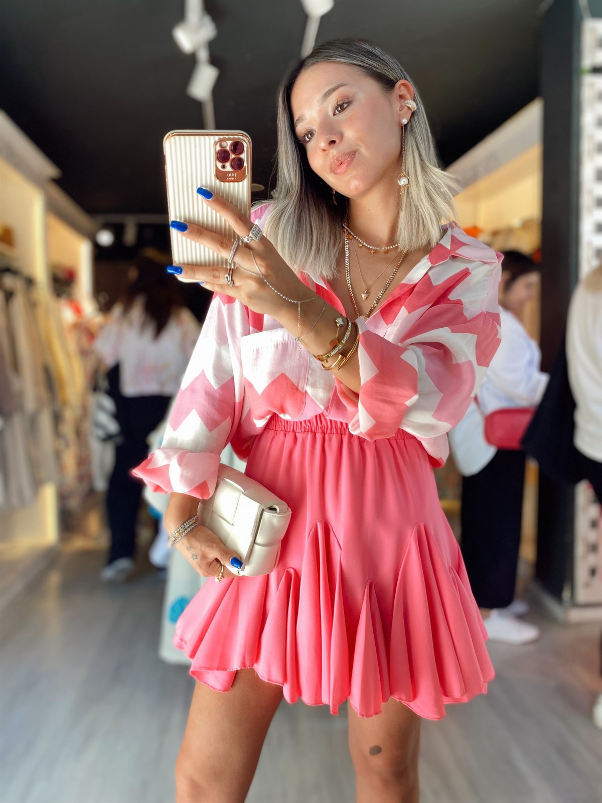 Pembe Geometrik Desenli Oversize Gömlek 