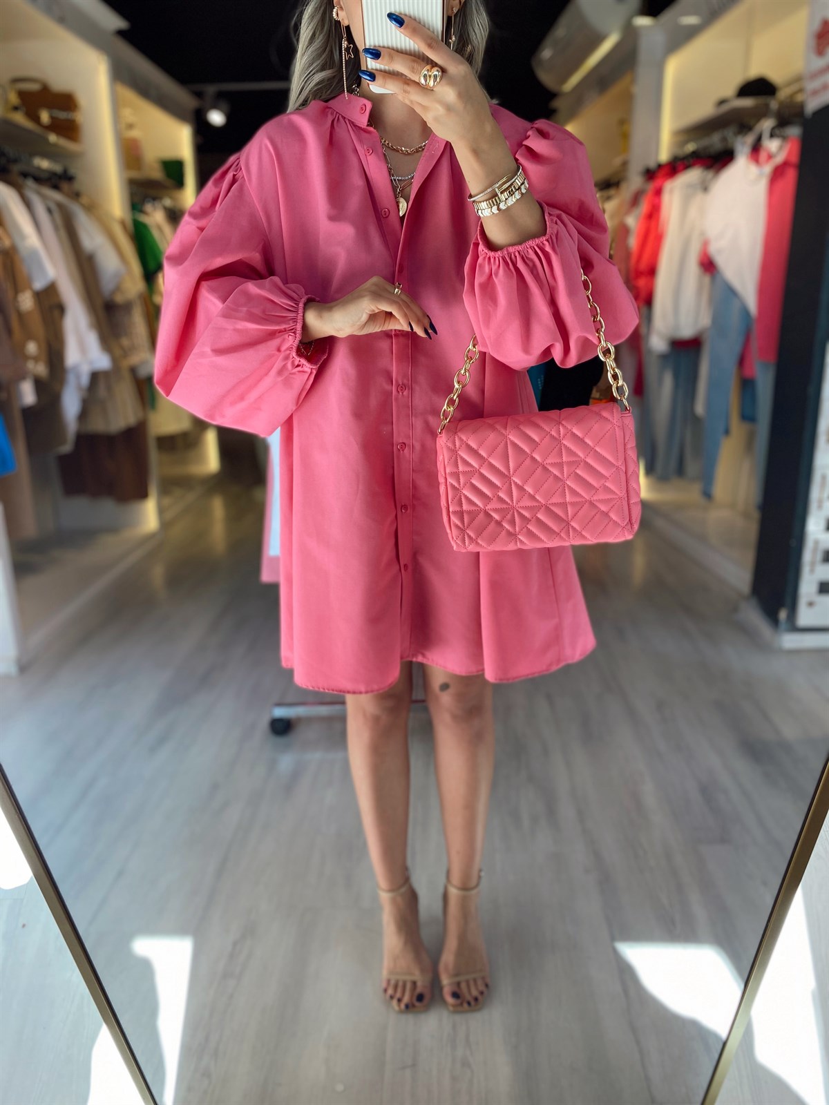 Pembe Hakim Yaka Balon Kol Elbise