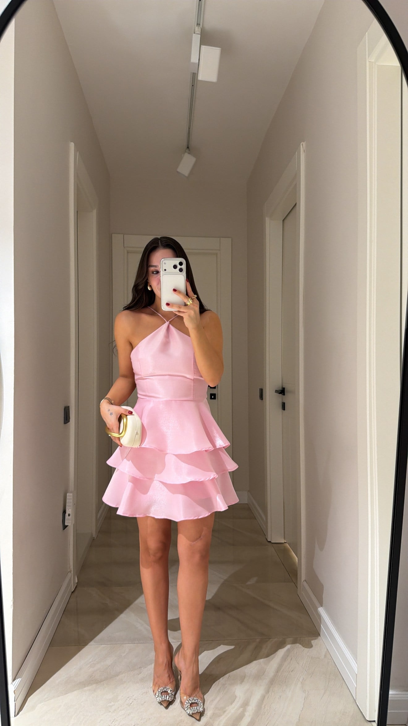 Pembe İnce Askılı Volanlı Mini Elbise