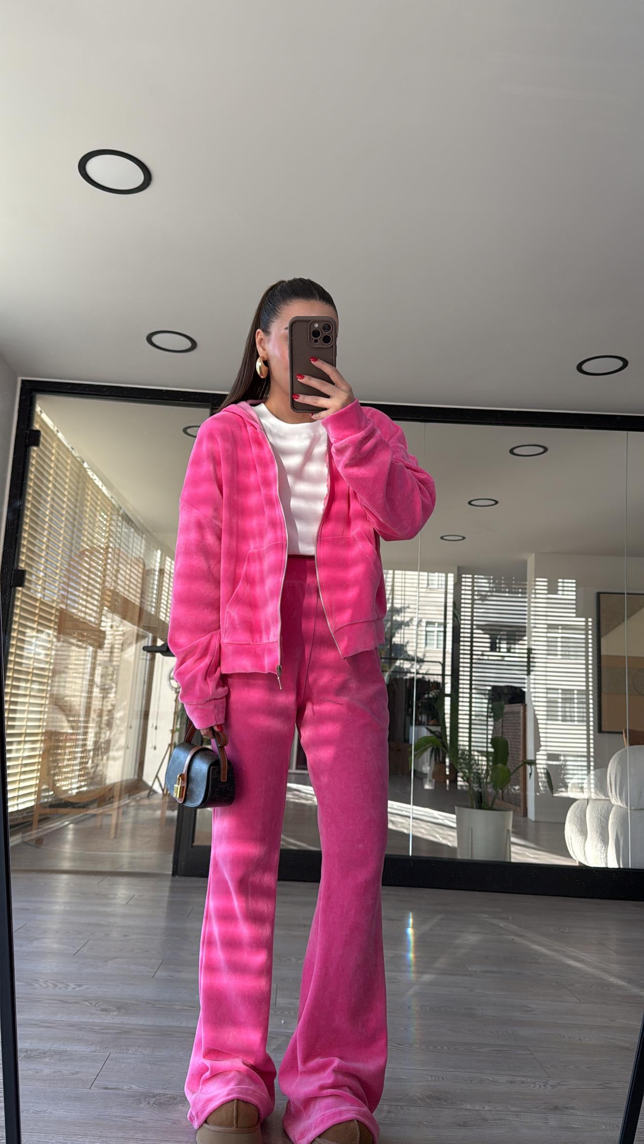 Pembe Kadife Fermuarlı Kapüşonlu Takım