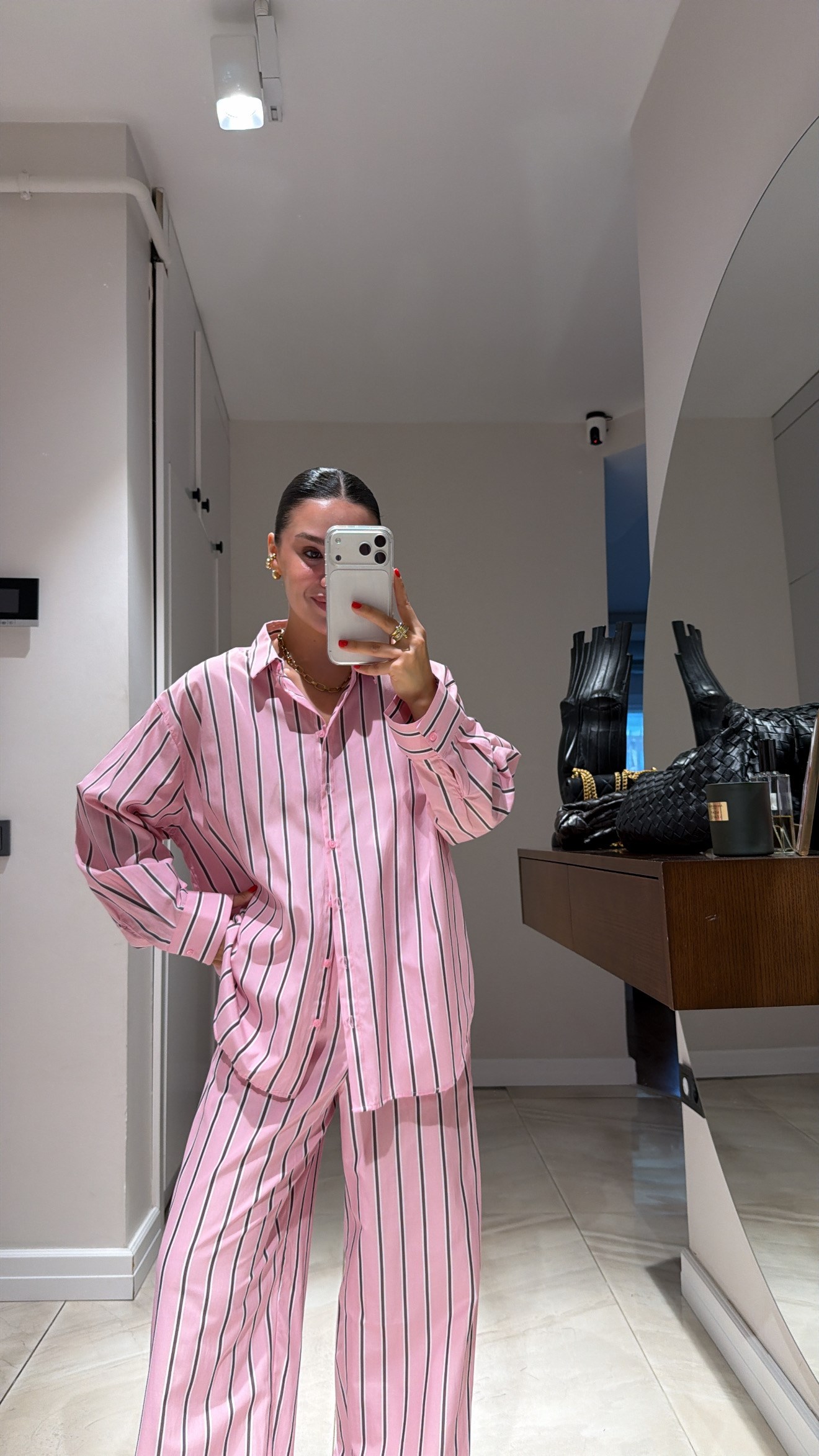 Pembe Kahverengi Çizgili  Ravi Poplin Gömlek 
