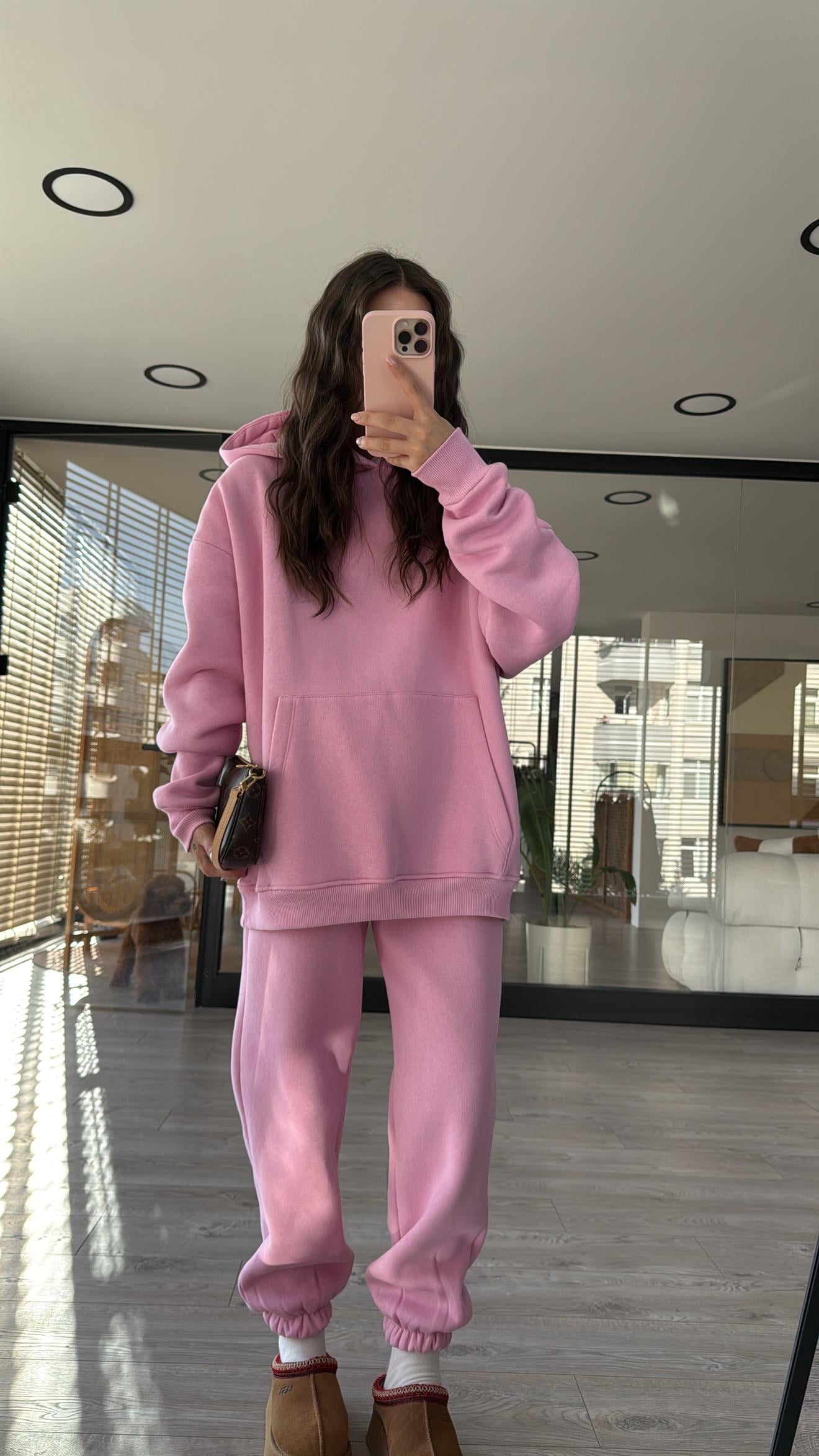 Pembe Kapüşonlu Marka Model Sweat Takım 