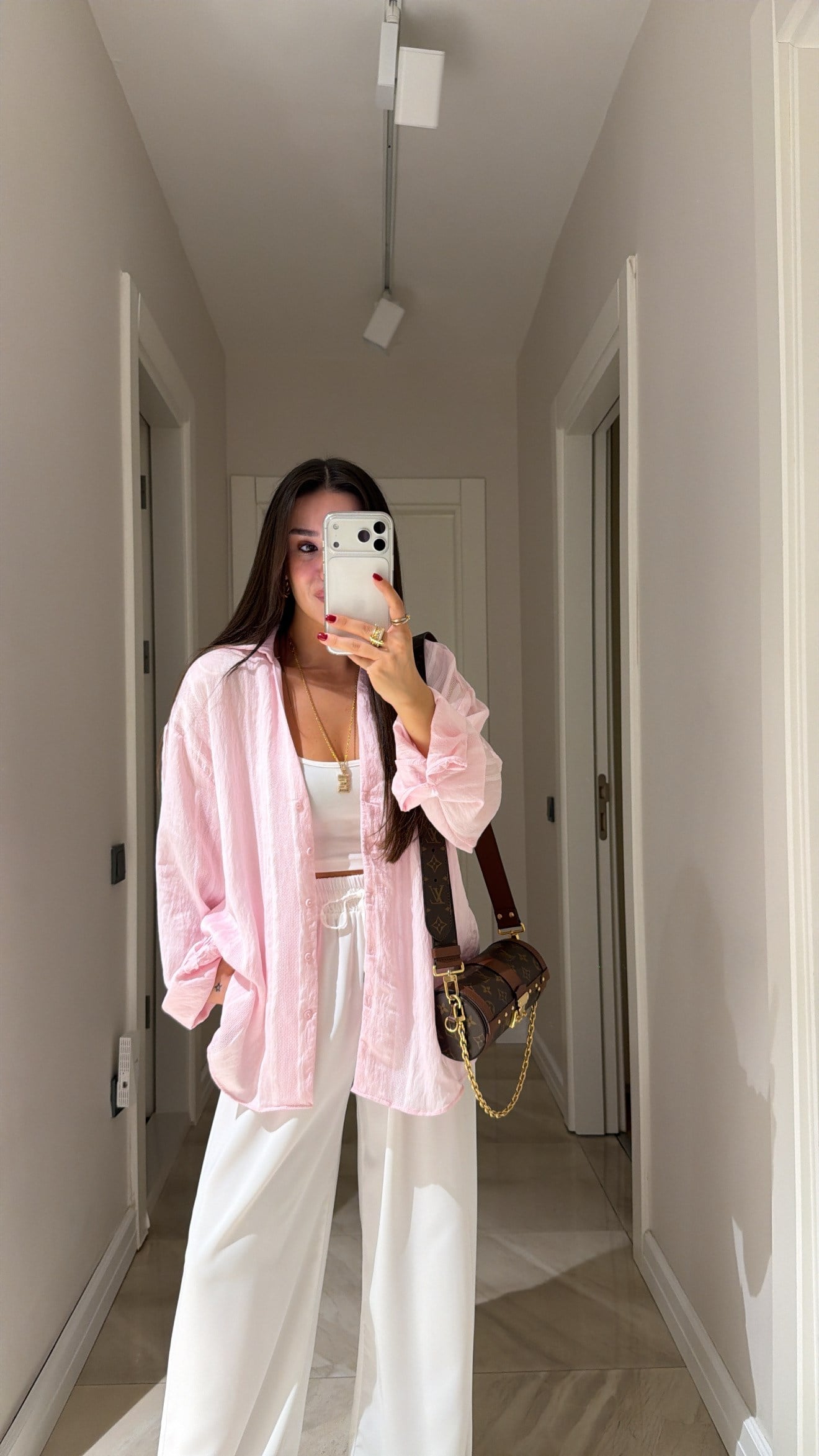Pembe Kendinden Desenli Transparan Gömlek