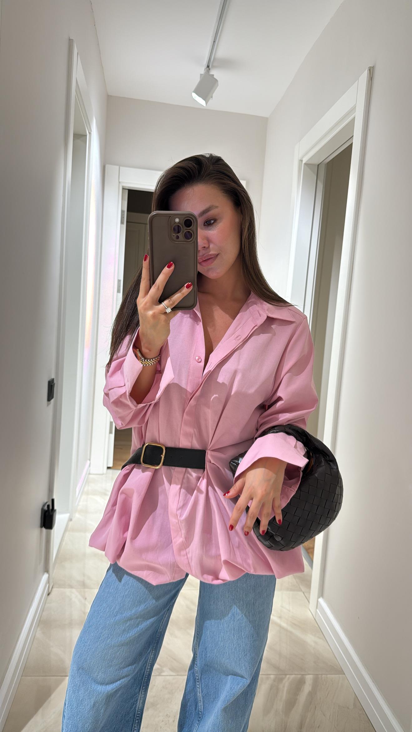 Pembe Kendinden Kemerli Balon Gömlek 