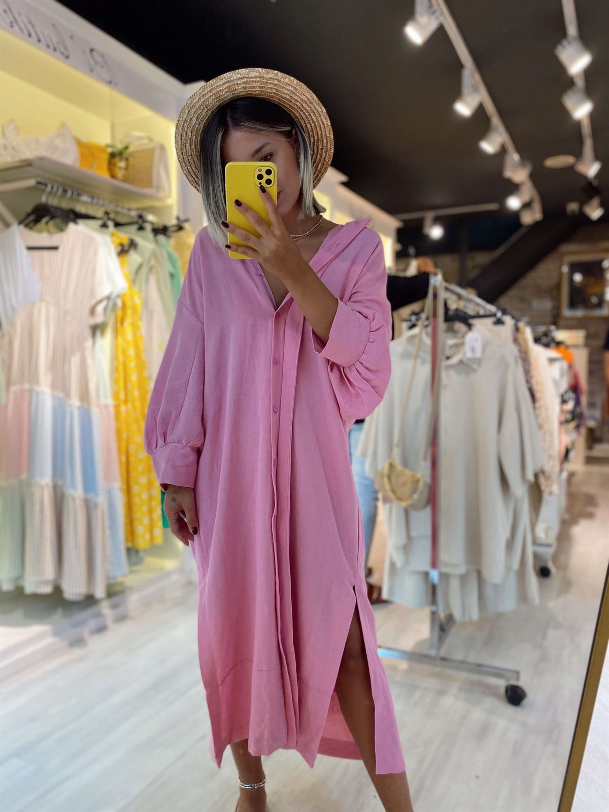 Pembe Keten Elbise/Kimono