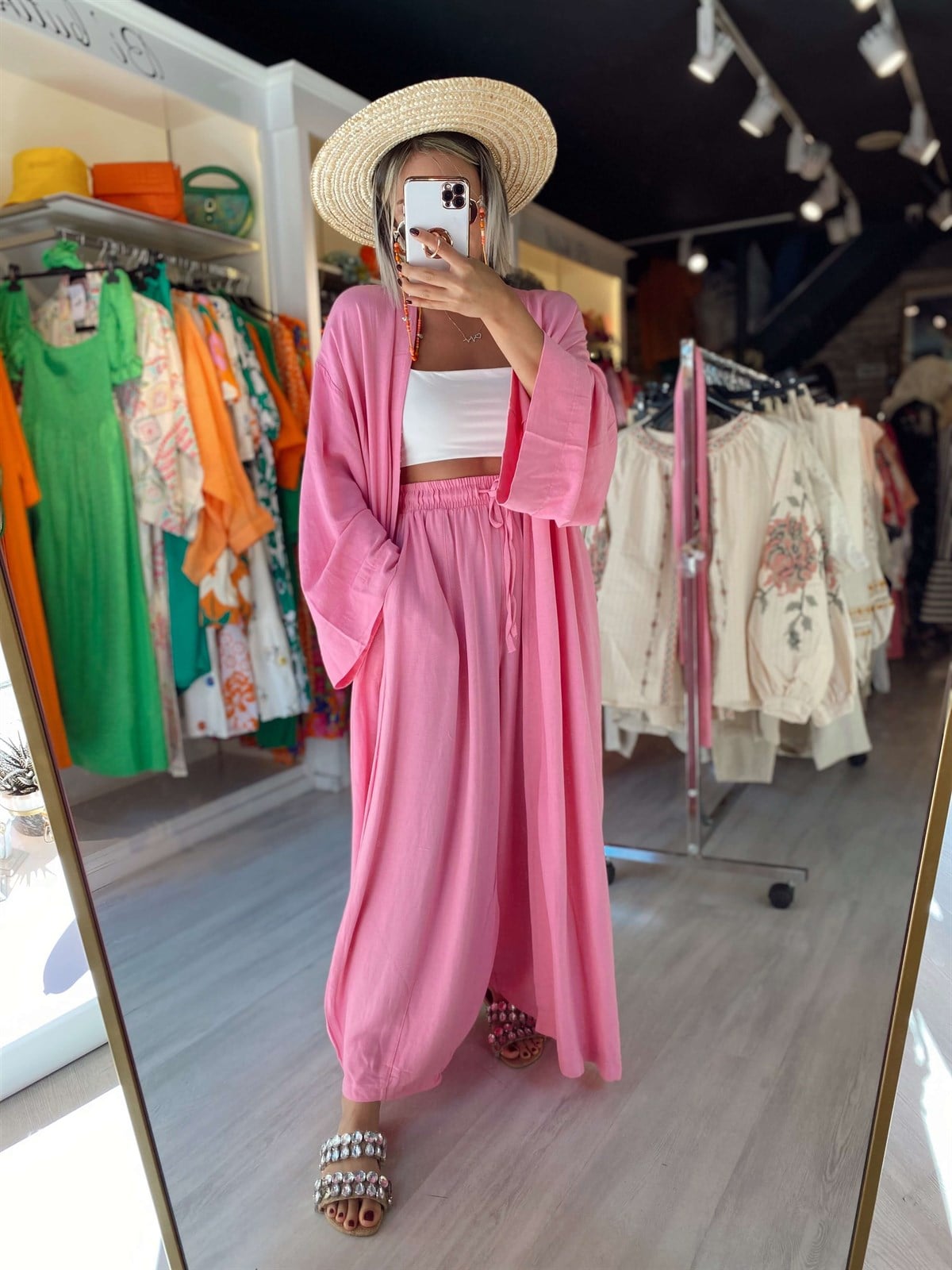 Pembe Keten Şalvar Pantolon