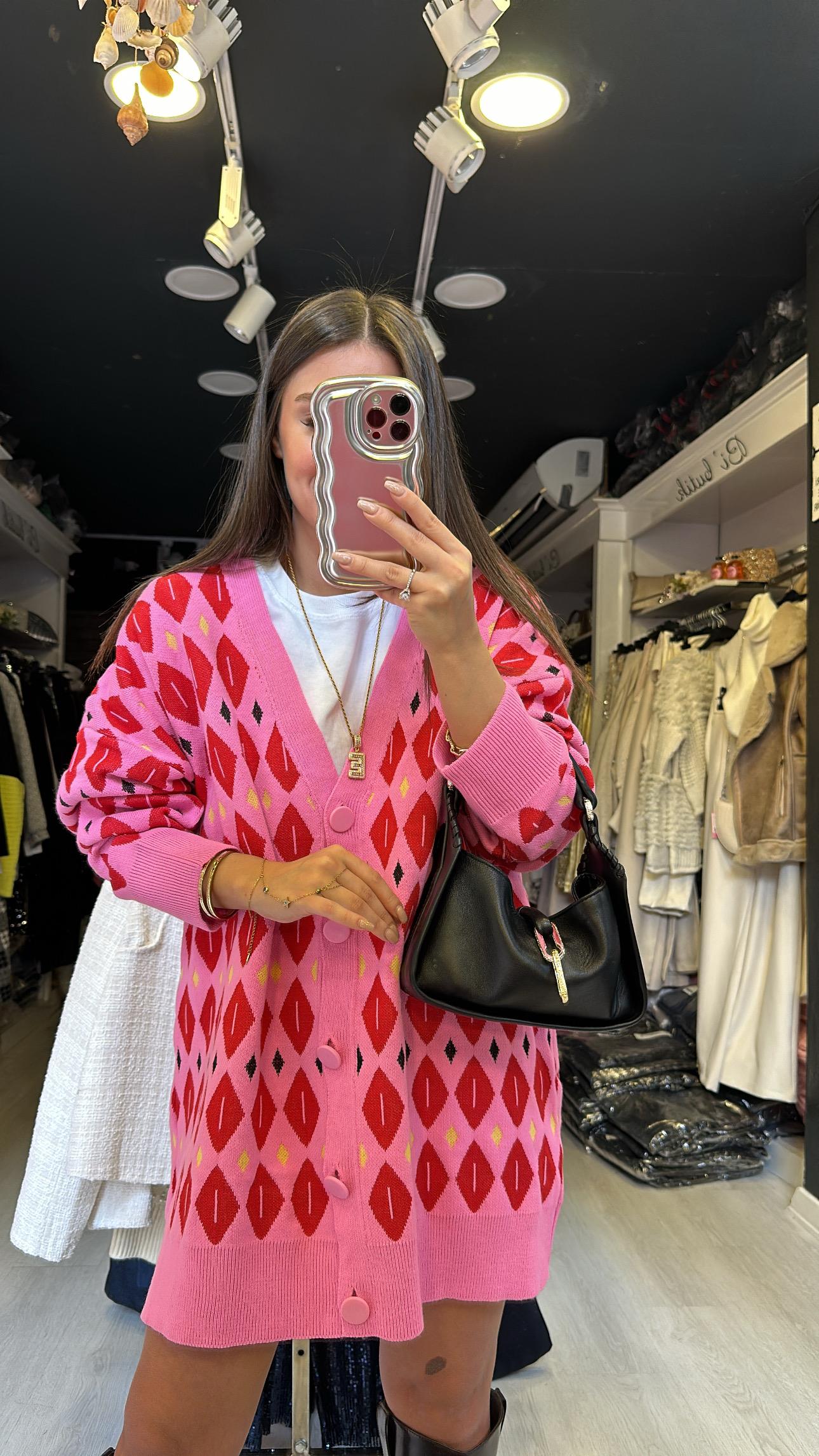 Pembe Kırmızı Sıralı Üçgen Düğmeli Hırka 