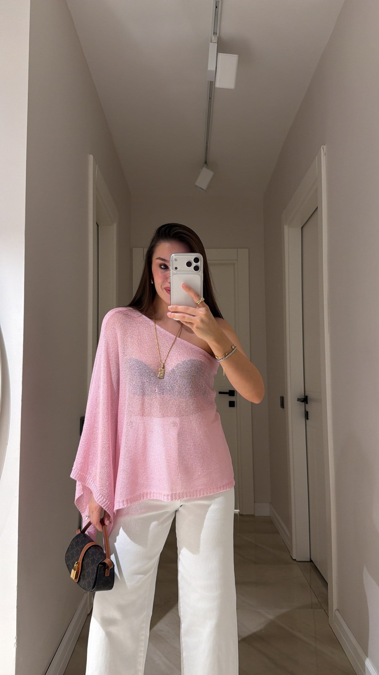 Pembe Kol Detaylı Triko Pareo Bluz