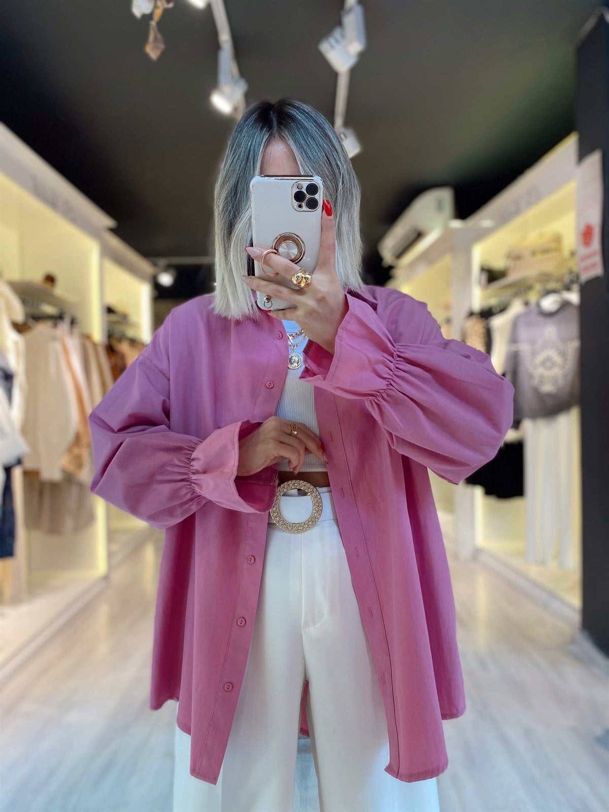 Pembe Kolları Lastik Detaylı Gömlek 