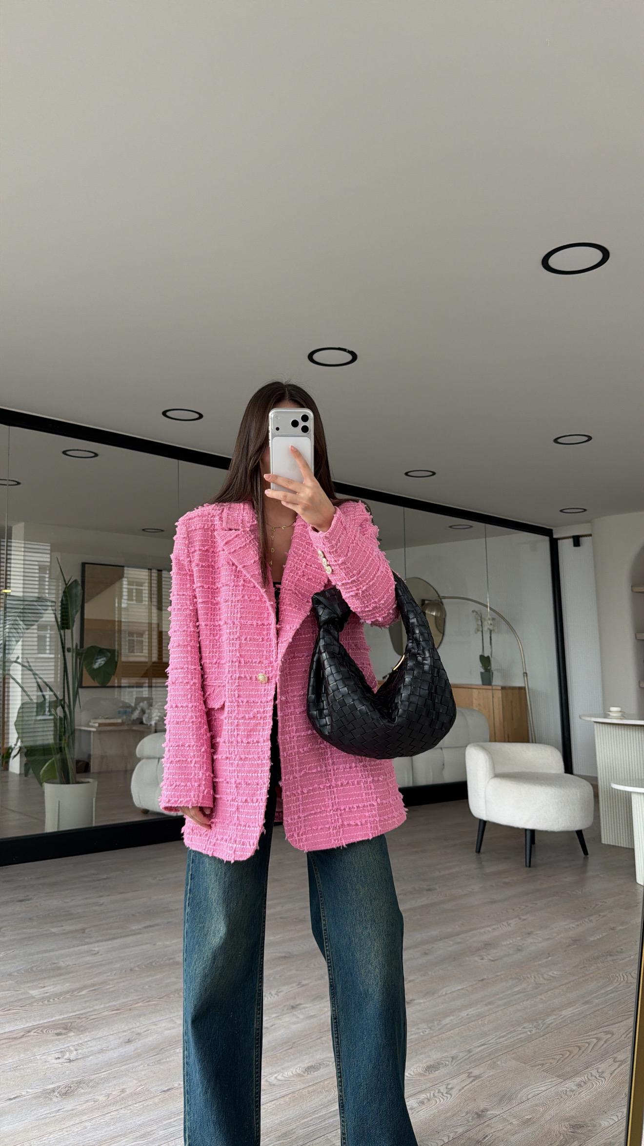 Pembe Kruvaze Yaka Tüvit Blazer Ceket 