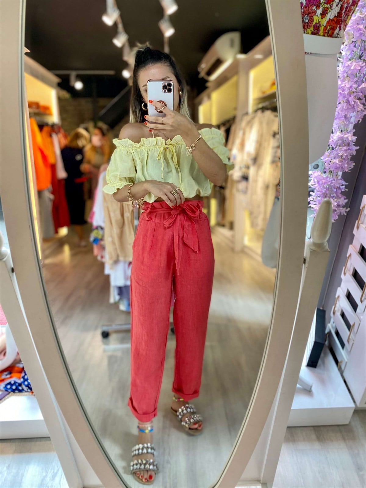 Pembe Kuşaklı Keten Pantolon